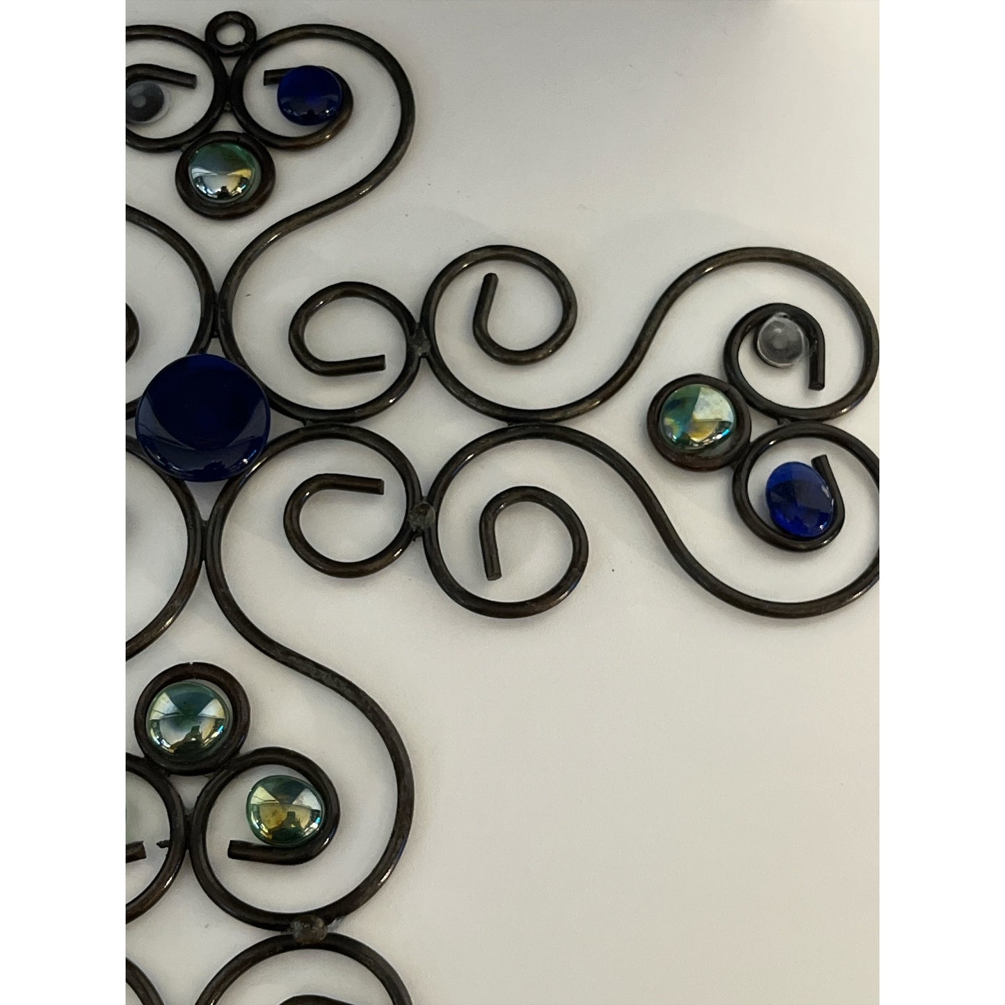 Vintage Wrought Iron Wall Cross Candle Holder – 16” x 14” with Blue & Iridescent Glass Cabochons (Some Missing)