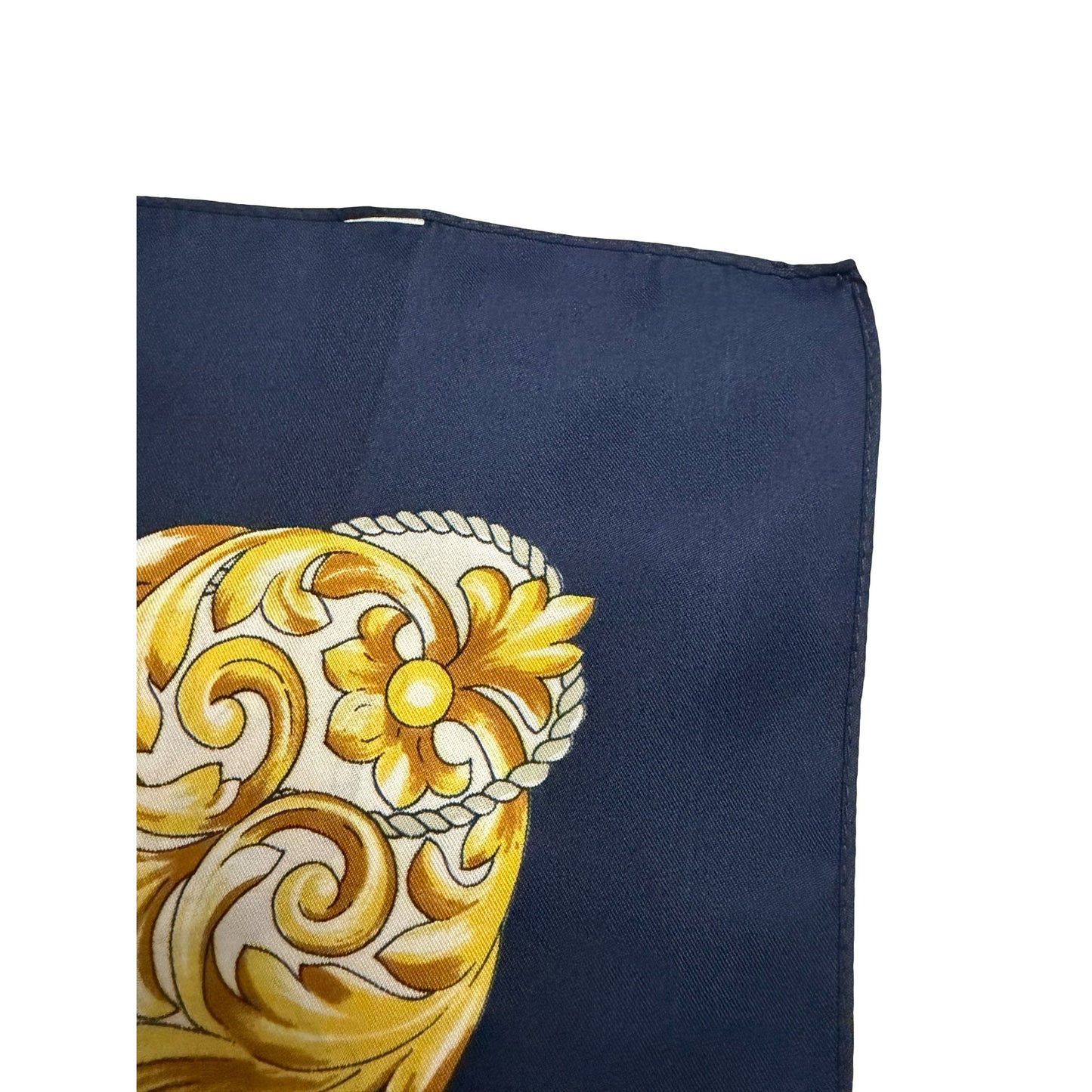 Vintage 34" Navy Gold Baroque Nautical Scarf Square Satin Rope Anchor Scroll Print