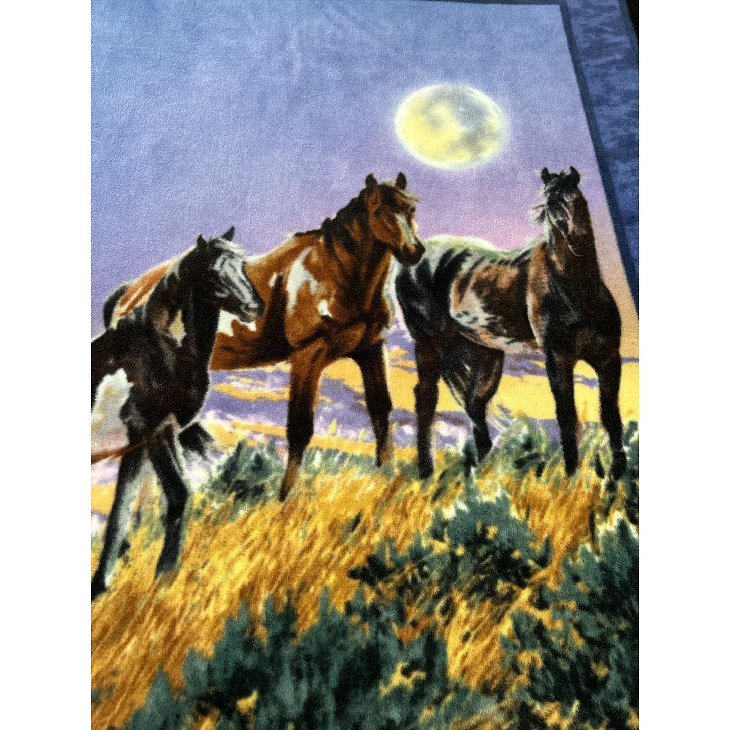 Vintage James Meger Horses Under the Moon Throw Blanket 64x48 Western Wildlife Art