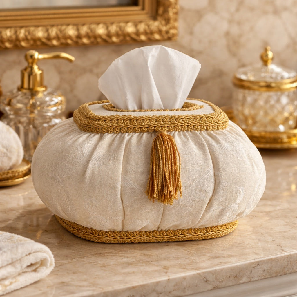 Austin Horn Collection Cream Damask Tissue Box Cover Gold Tassel Vanity Bath Decor