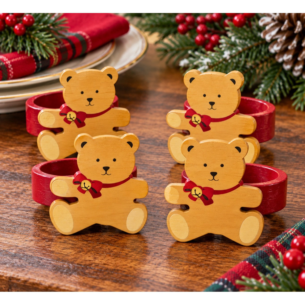 Vintage Hallmark Ginger Bear Wooden Christmas Napkin Rings Set of 4 XNR20-7