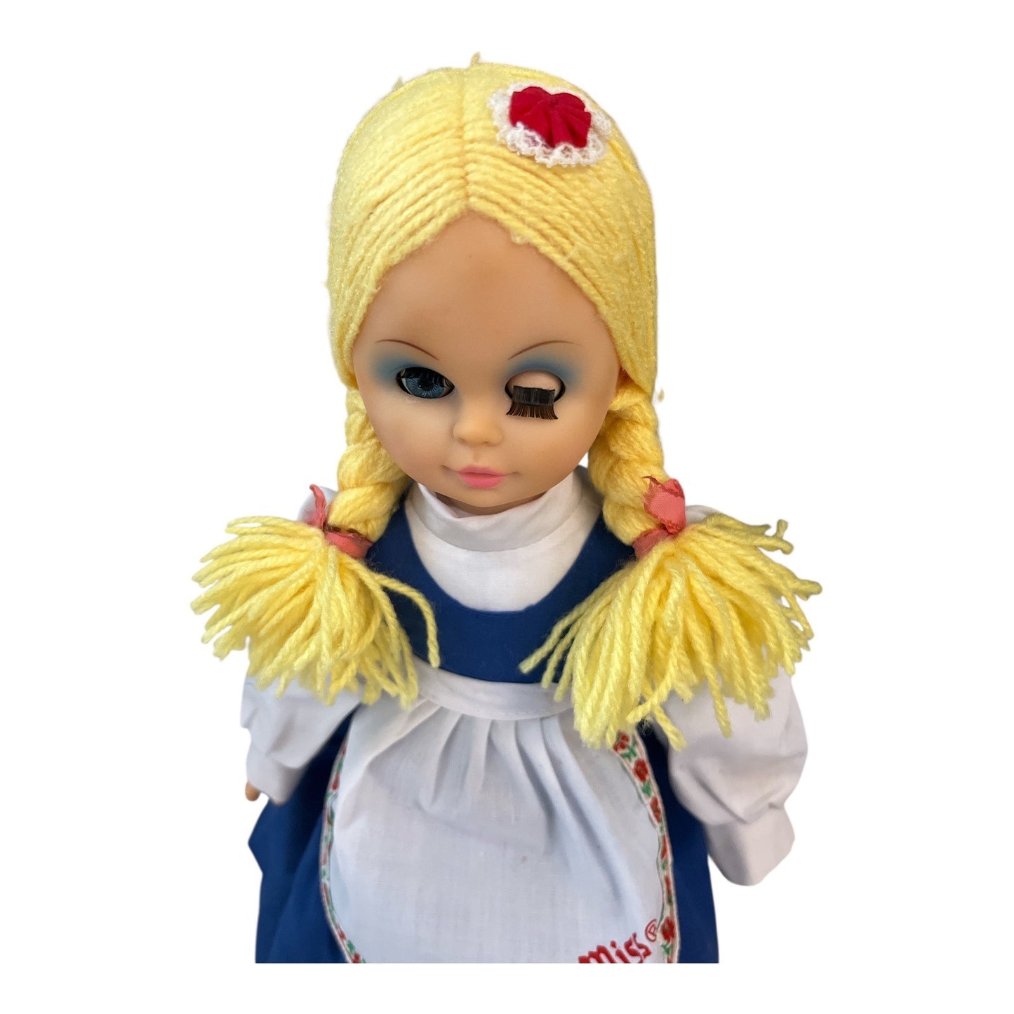 Vintage Swiss Miss Doll – Plush Legs, Yarn Hair, Embroidered Apron – 14” Tall
