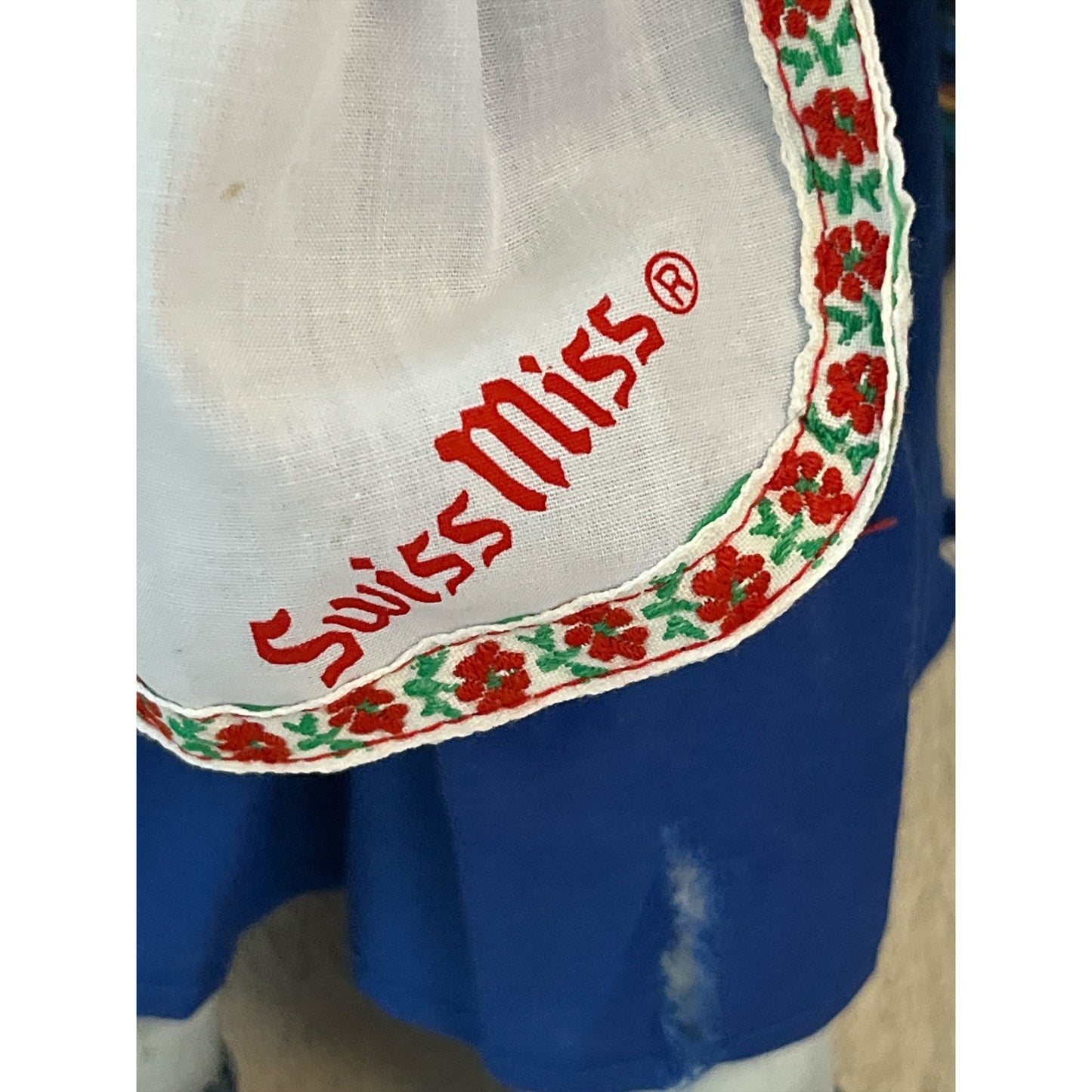 Vintage Swiss Miss Doll – Plush Legs, Yarn Hair, Embroidered Apron – 14” Tall