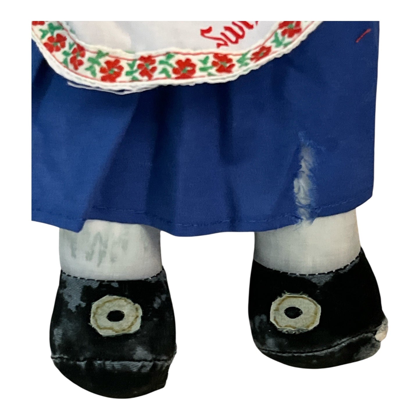 Vintage Swiss Miss Doll – Plush Legs, Yarn Hair, Embroidered Apron – 14” Tall