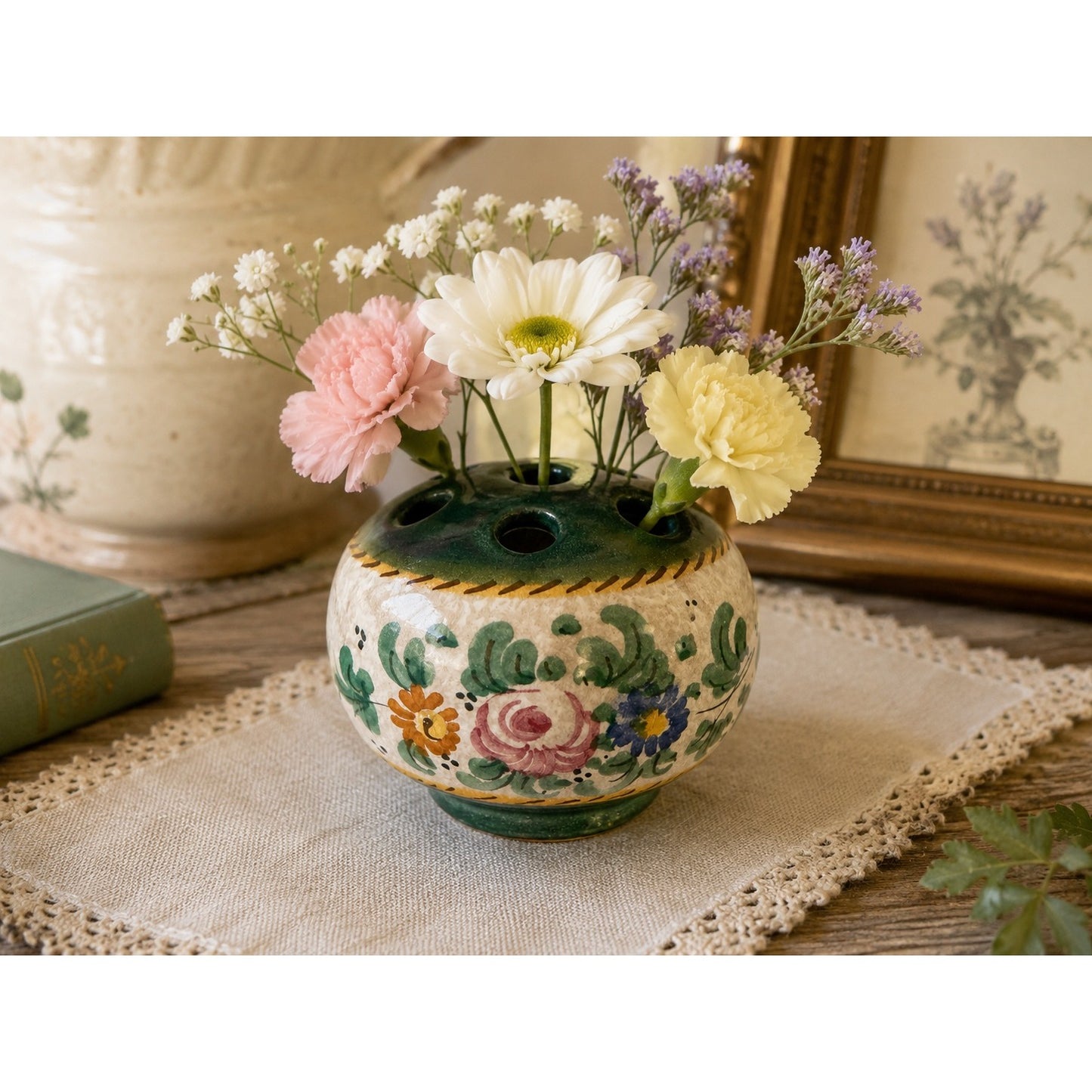 Vintage Italian Hand Painted Pottery Flower Frog Vase Made in Italy V.B. 3" Floral Arranger