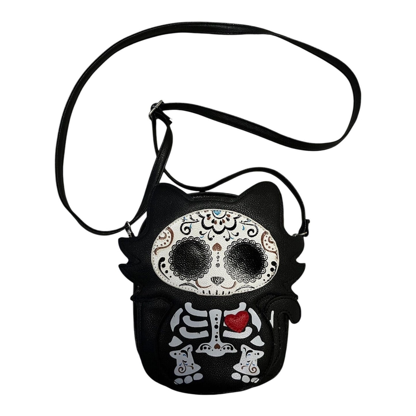 Sleepyville Critters Sugar Skull Cat Crossbody Bag – Halloween Day of the Dead Purse – Faux Leather