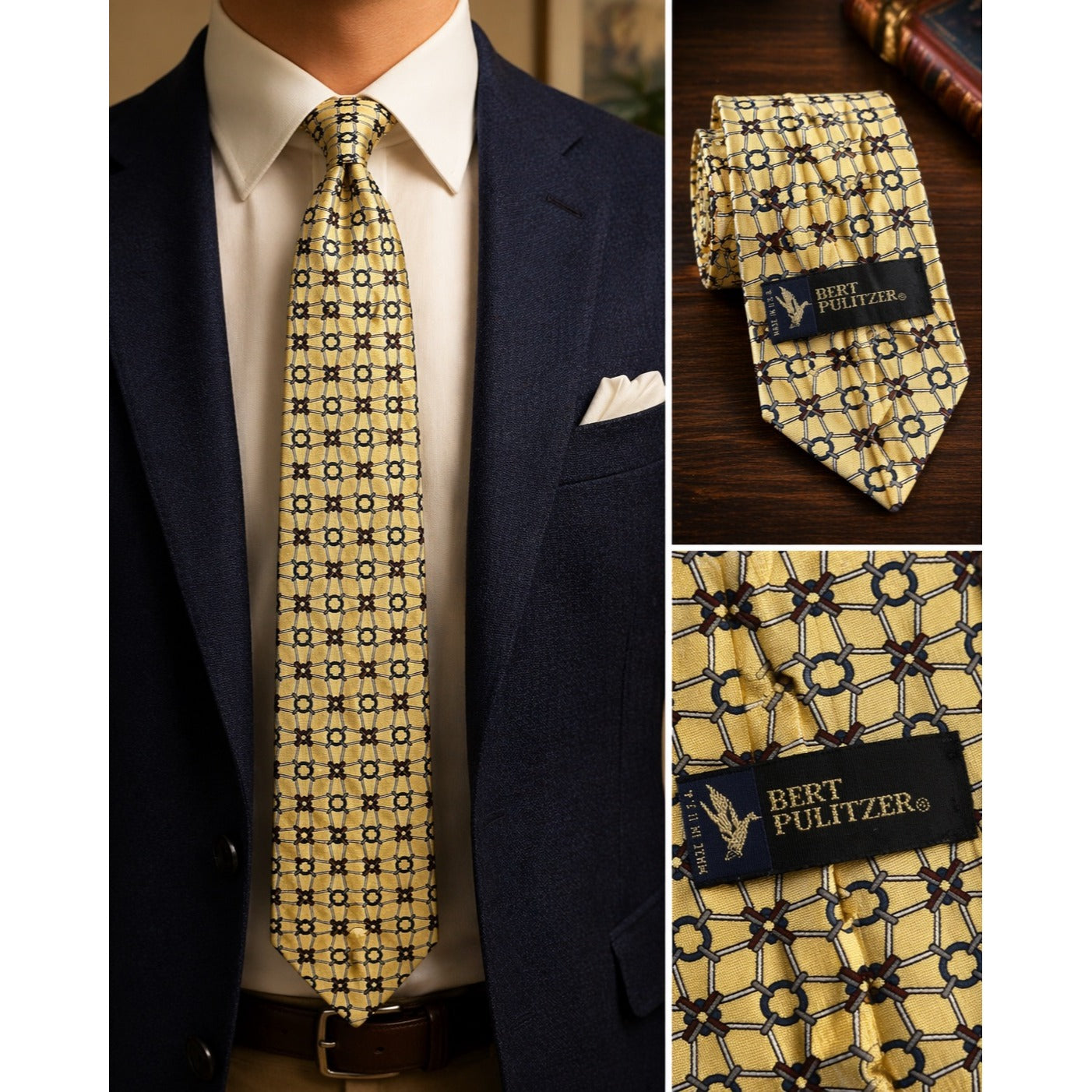 Bert Pulitzer Silk Tie Yellow Geometric Pattern Made in USA Vintage Designer Necktie