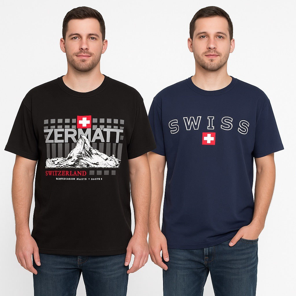 Lot of 2 Splash Arts Switzerland Souvenir T-Shirts – XXL – Zermatt Matterhorn & Swiss Flag Designs