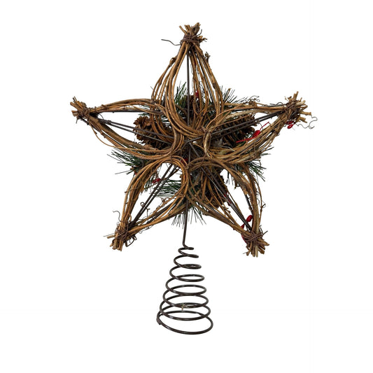 Vintage Rustic Grapevine Christmas Tree Topper Star Pinecones Berries Woodland Decor