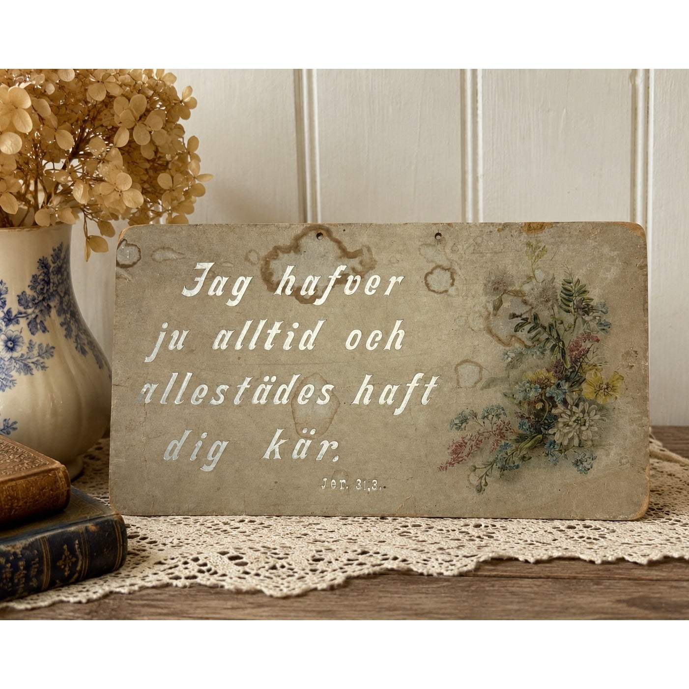 Vintage Swedish Motto Plaque Bible Verse Jeremiah 31:3 Floral Wall Hanging Folk Art 9x5