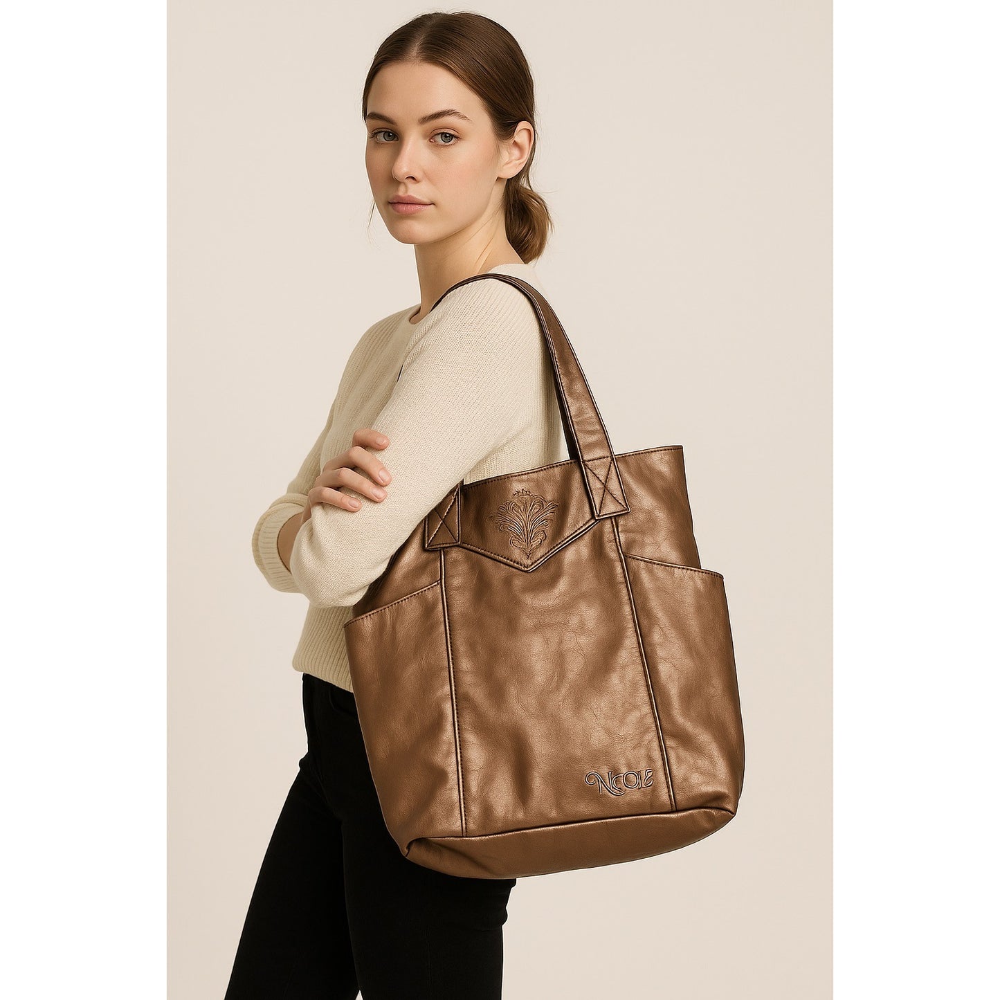 Vintage Nicole Richie Bronze Faux Leather Tote Bag Embossed Logo NWT
