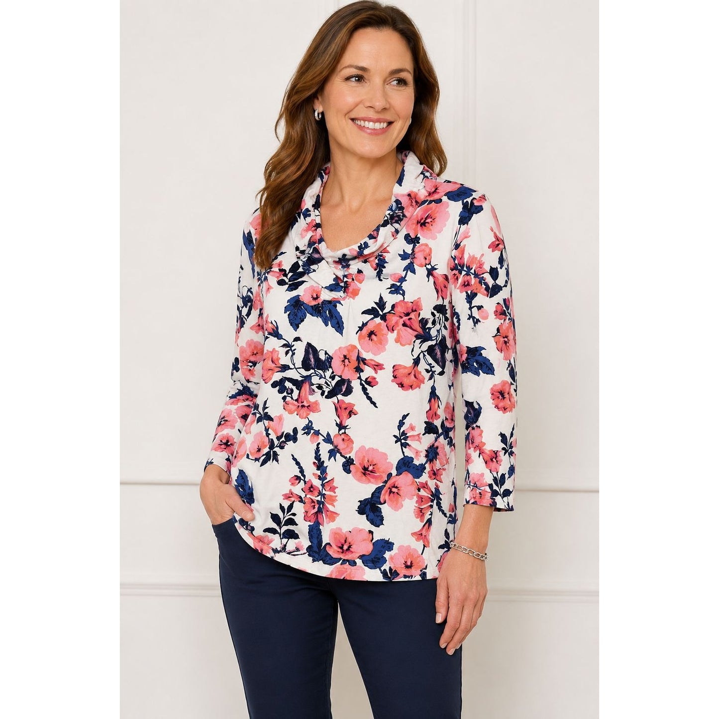 Talbots Floral Knit Top Womens Large Pink Blue White Cowl Neck Long Sleeve Stretch