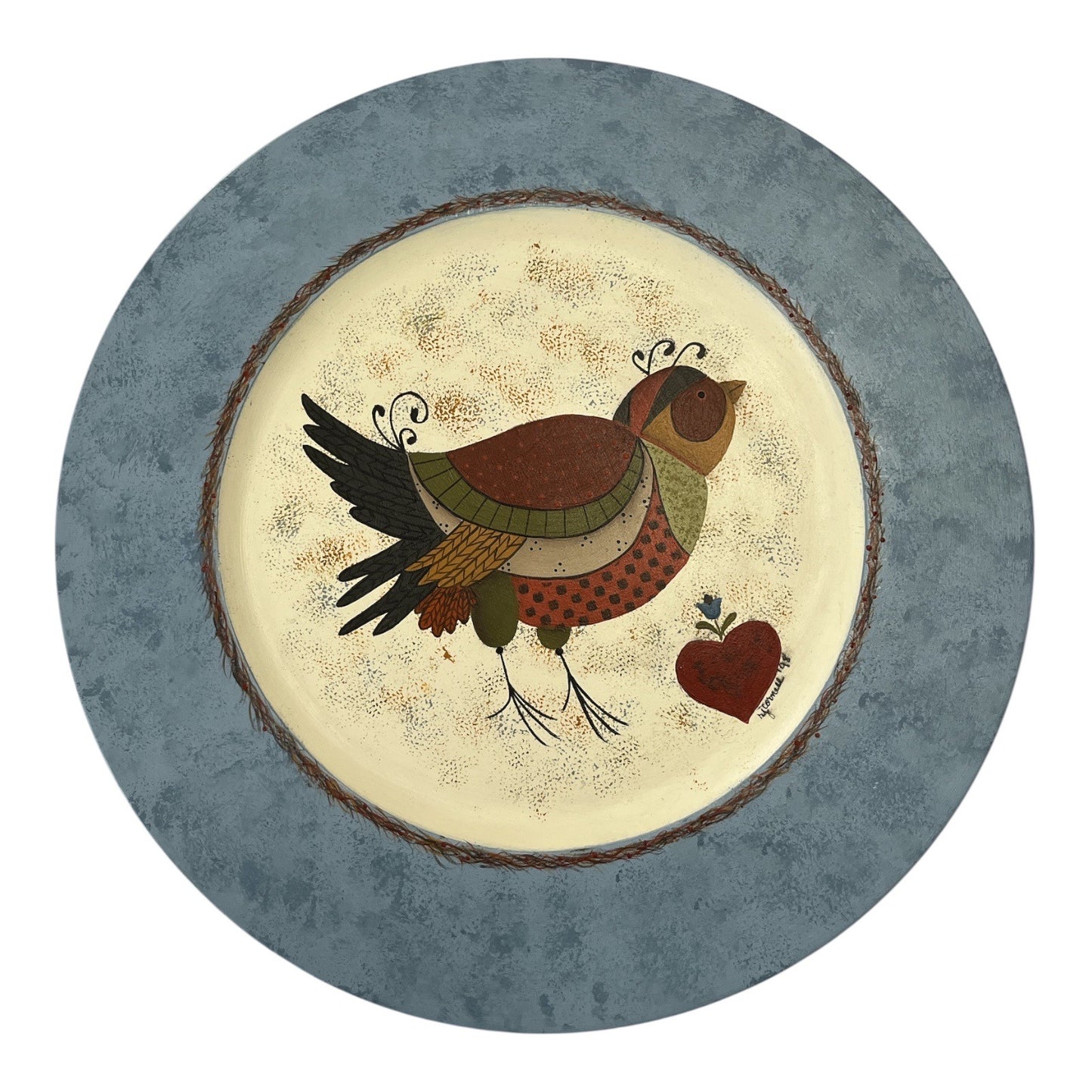 Signed RJ Cornell 1998 Hand-Painted Folk Art Wall Plaques – Pair of Wooden Plates with Birds & Hearts – Primitive Country Decor