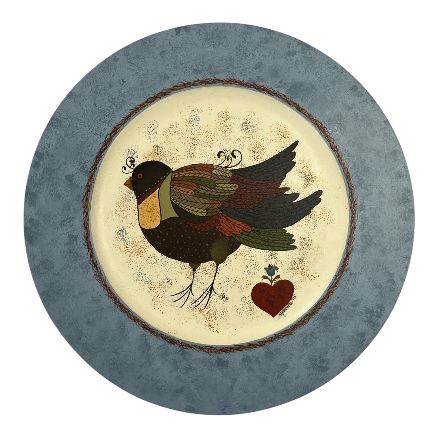 Signed RJ Cornell 1998 Hand-Painted Folk Art Wall Plaques – Pair of Wooden Plates with Birds & Hearts – Primitive Country Decor
