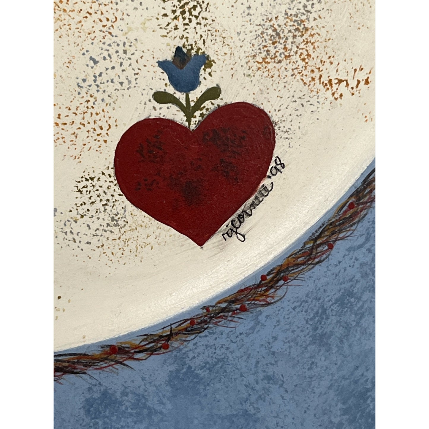 Signed RJ Cornell 1998 Hand-Painted Folk Art Wall Plaques – Pair of Wooden Plates with Birds & Hearts – Primitive Country Decor