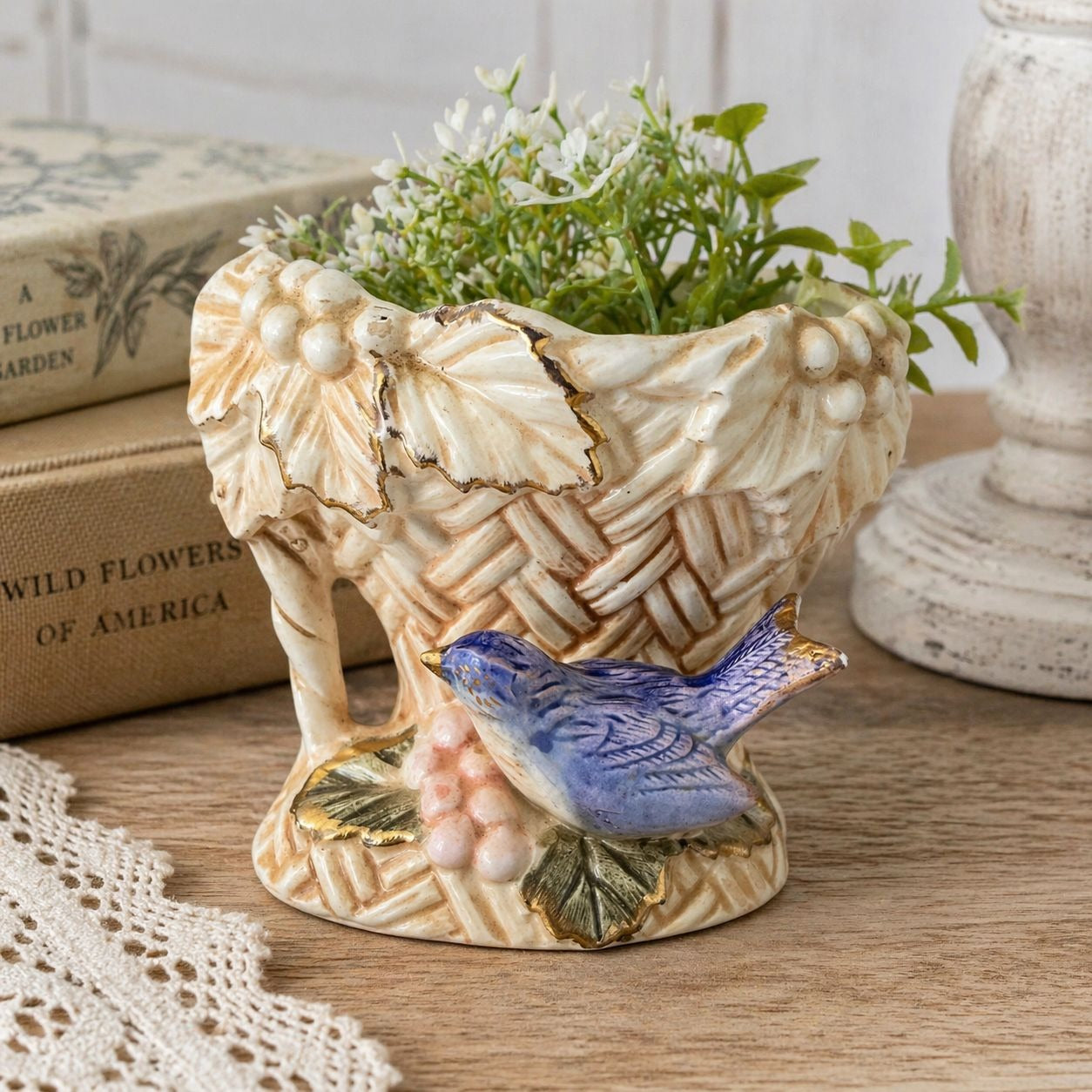 Vintage Norleans Ceramic Bud Vase – Wicker Basket with Bluebird – 4.5 x 3 in – Japan