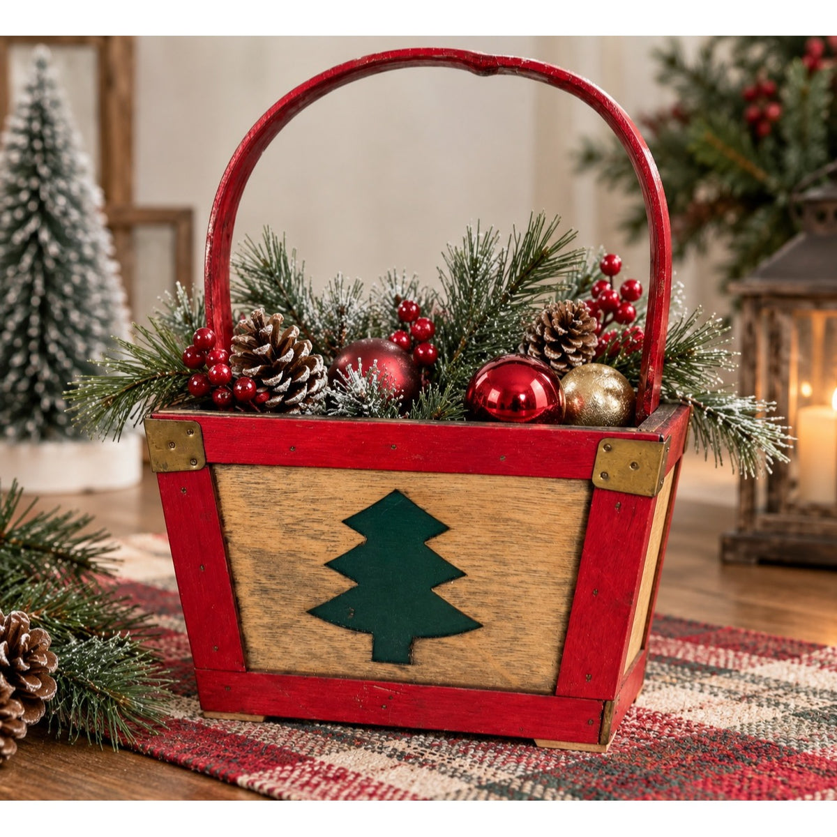 Vintage FTD Wooden Christmas Tree Basket Red Green Holiday Floral Container