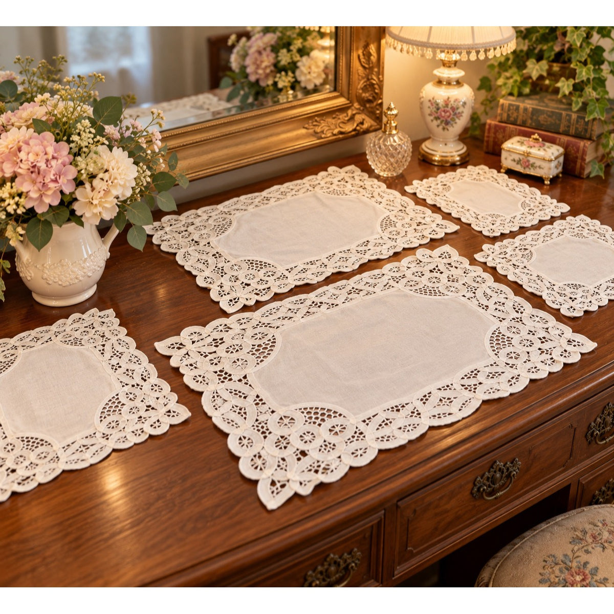 Vintage White Battenberg Lace Dresser Doilies Set of 6