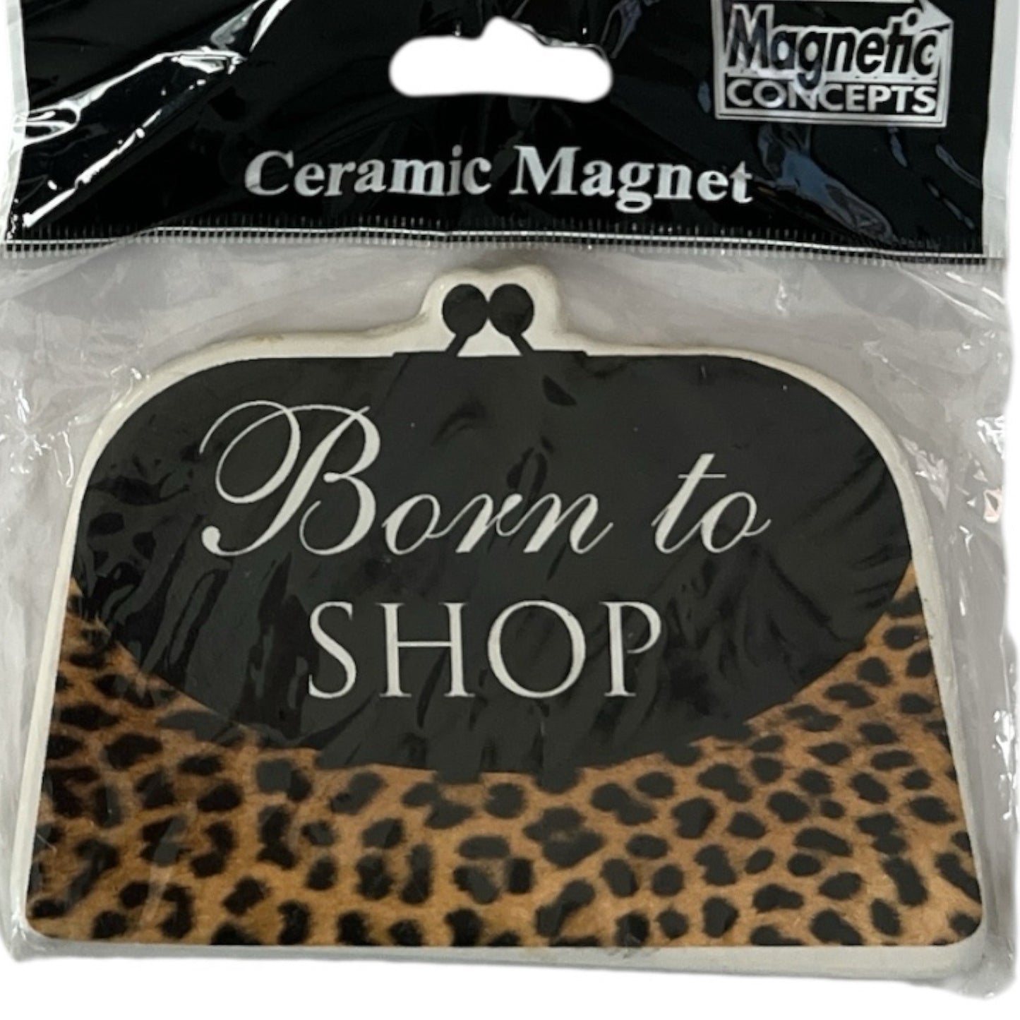 VTG Leopard Print Ceramic Magnets – Sassy High Heel & Born to Shop Purse – Fashion Fridge Magnet Set – Magnetic Concepts NWT