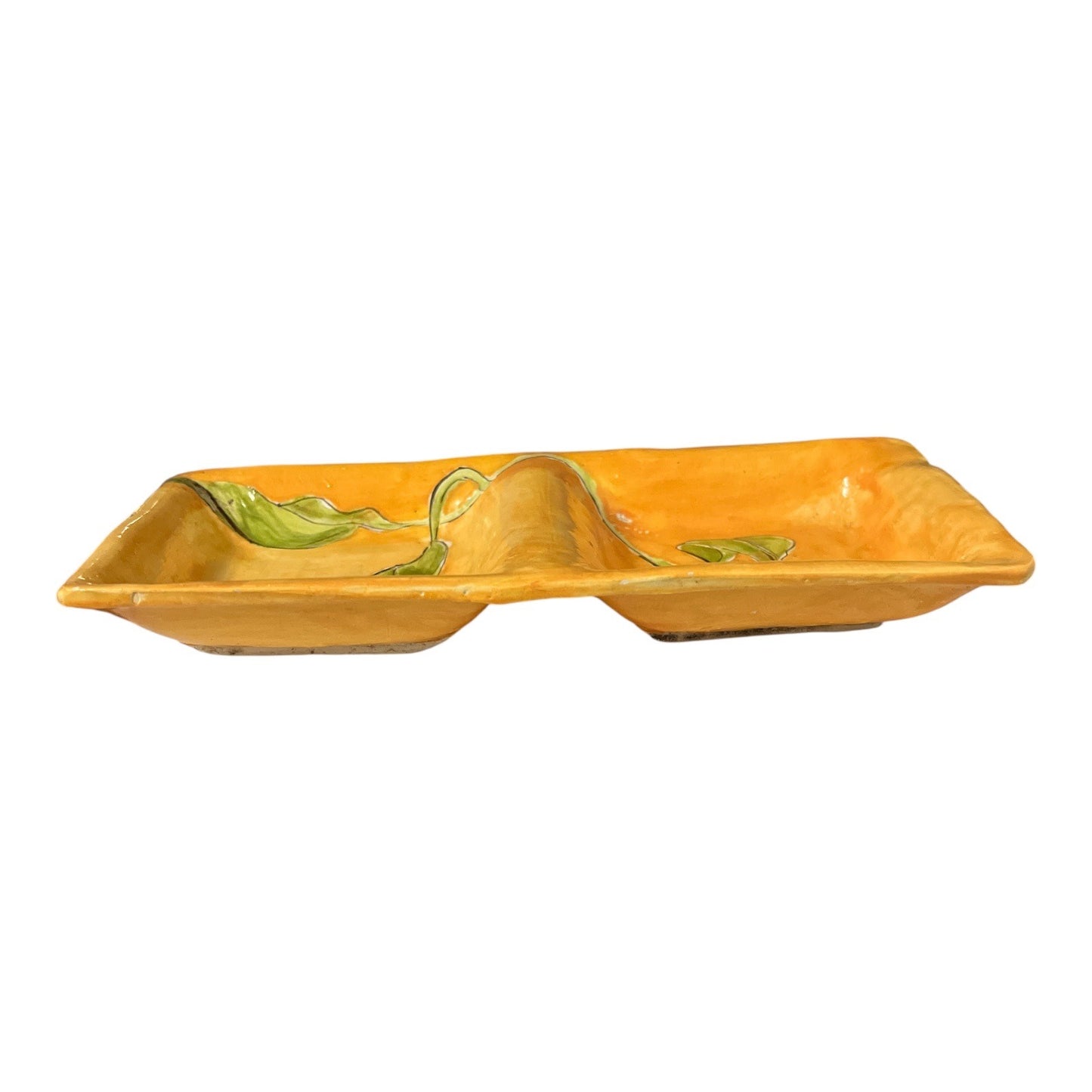 VTG Handmade Divided Ceramic Dish – Orange Glaze with Green Leaf Vine