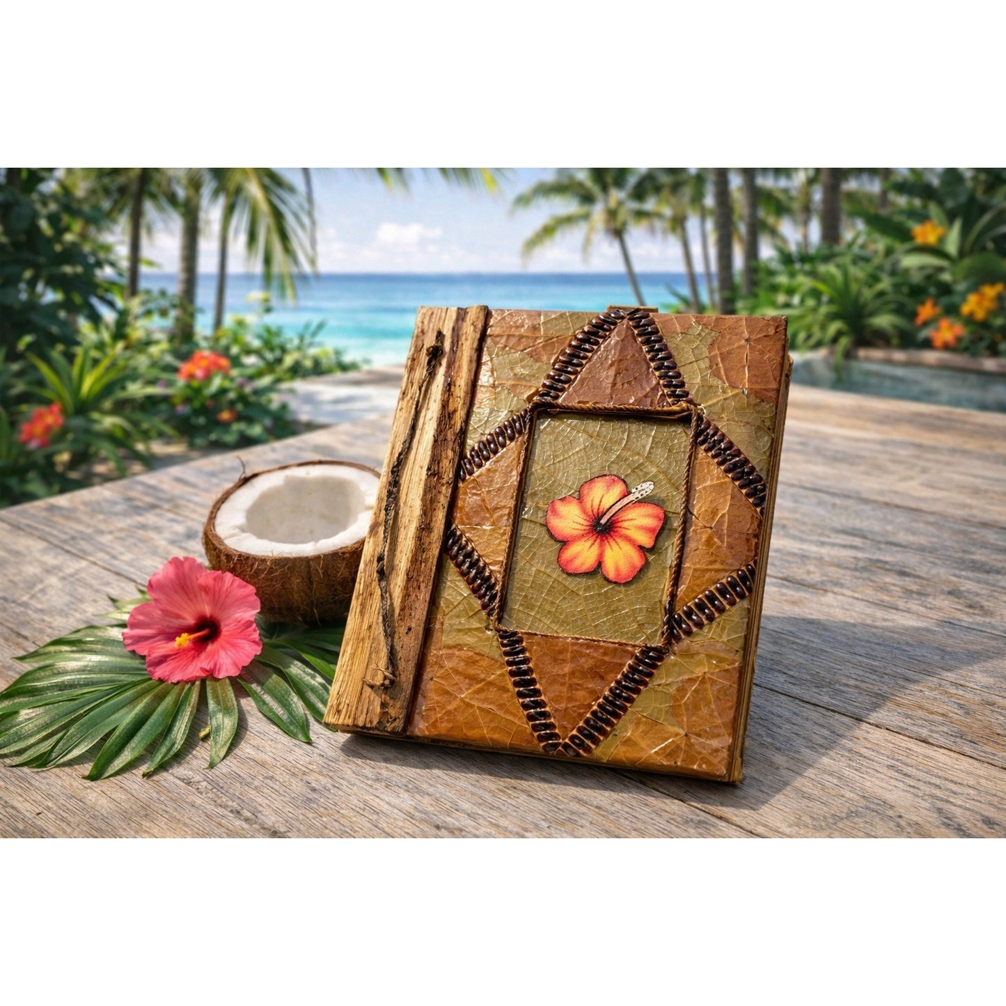 Handmade Tropical Leaf Journal Photo Album Bamboo Spine Hibiscus Cover 9x7