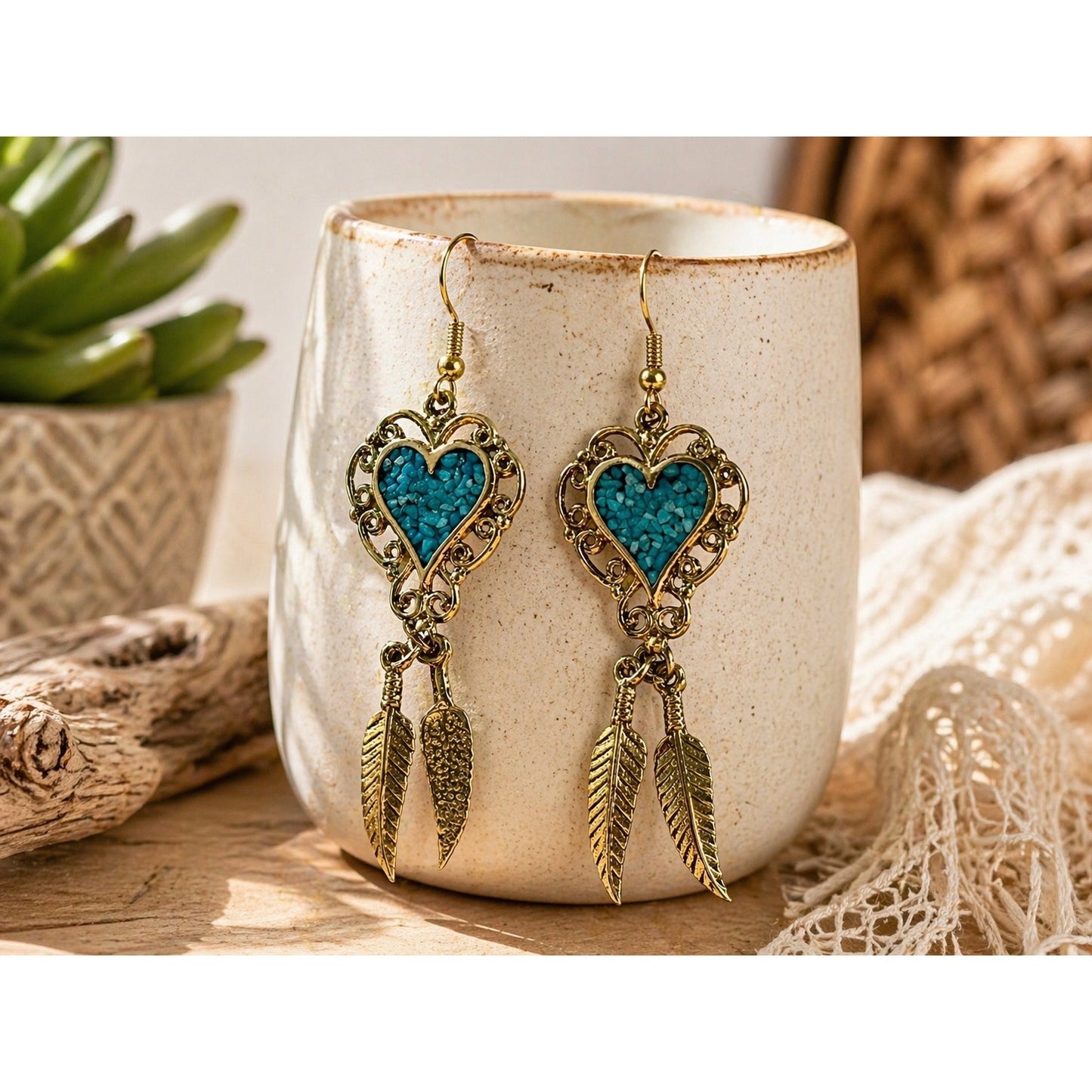 Turquoise Heart Dangle Earrings Gold Tone Feather Drops Boho Western Style Jewelry