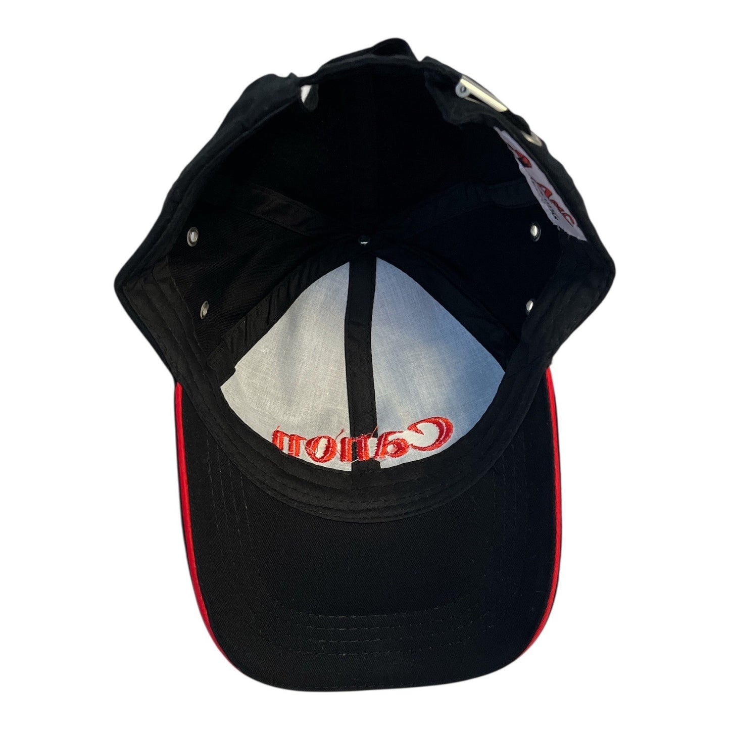 Vintage Canon Camera Logo Hat – Black Baseball Cap with Red Embroidered Logo – Adjustable Strapback – AMC Deluxe Headwear