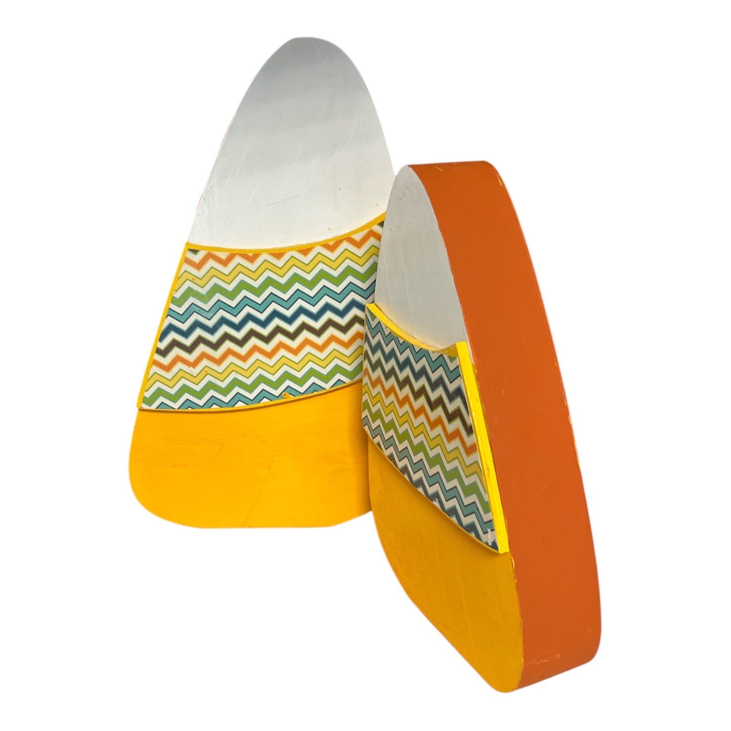 Set of 2 Wooden Candy Corn Decorations – 2010s Chevron Halloween Fall Rustic Farmhouse Shelf Sitter