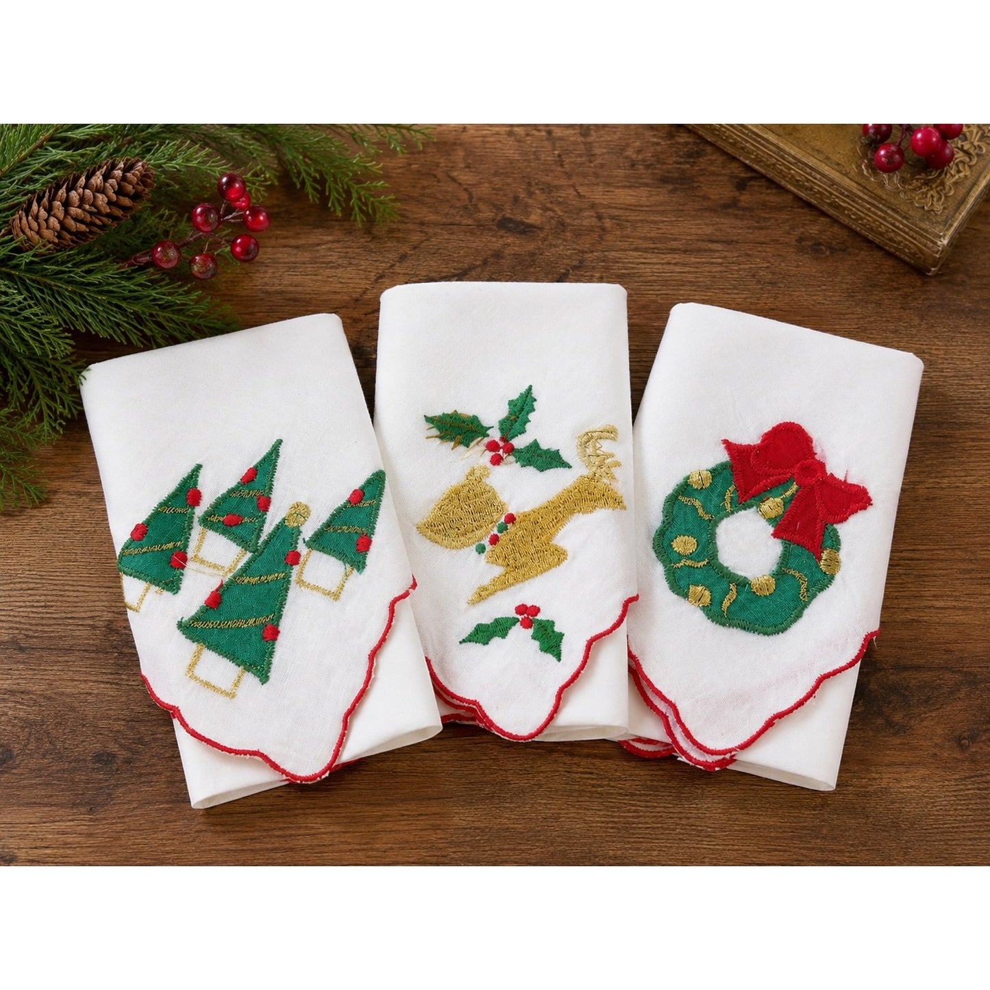 Vintage Walmart Season's Greetings Christmas Embroidered Handkerchiefs Set of 3 New in Box