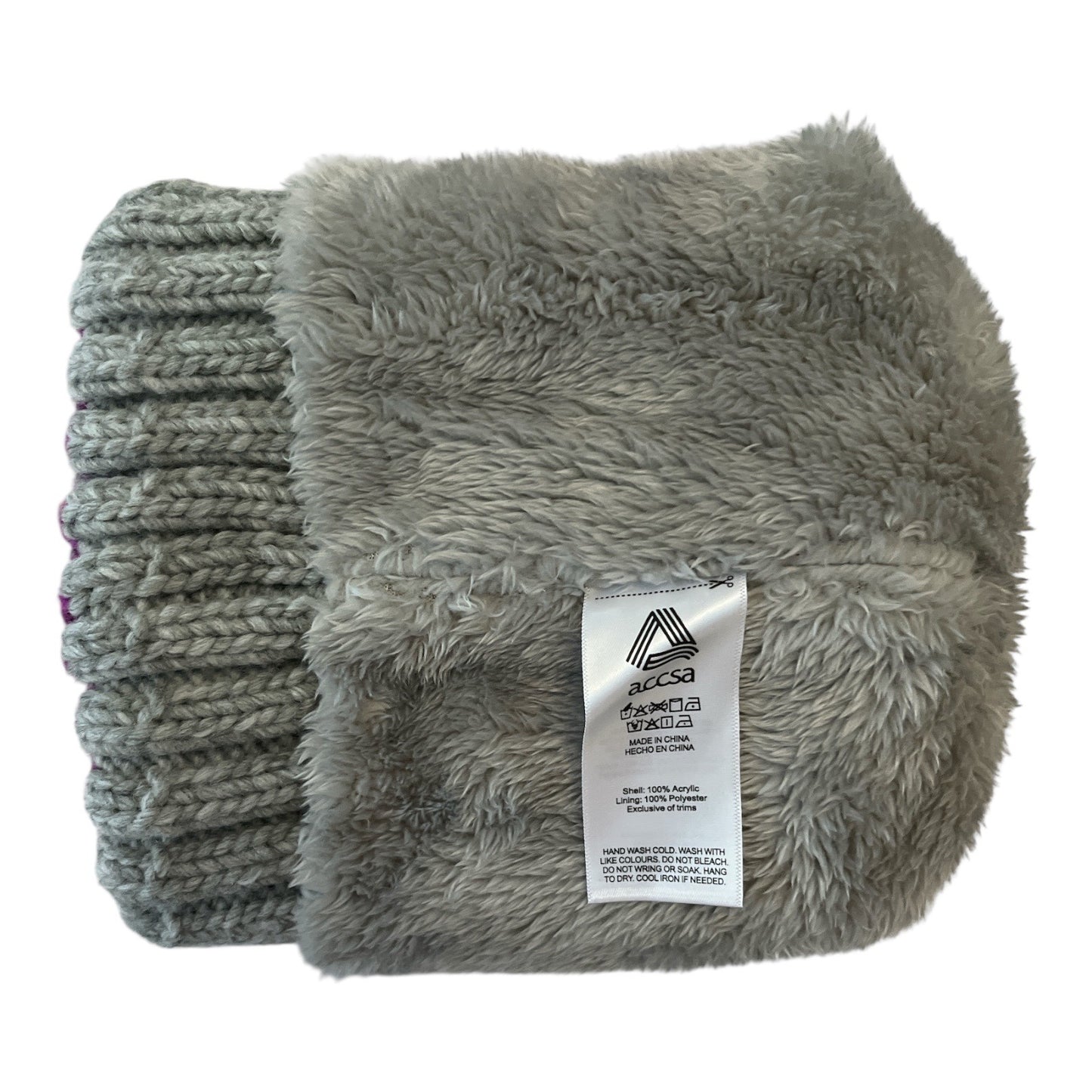 Girls' Unicorn Pom-Pom Beanie Hat – Gray Knit with Fleece Lining – ACCSA Brand – One Size