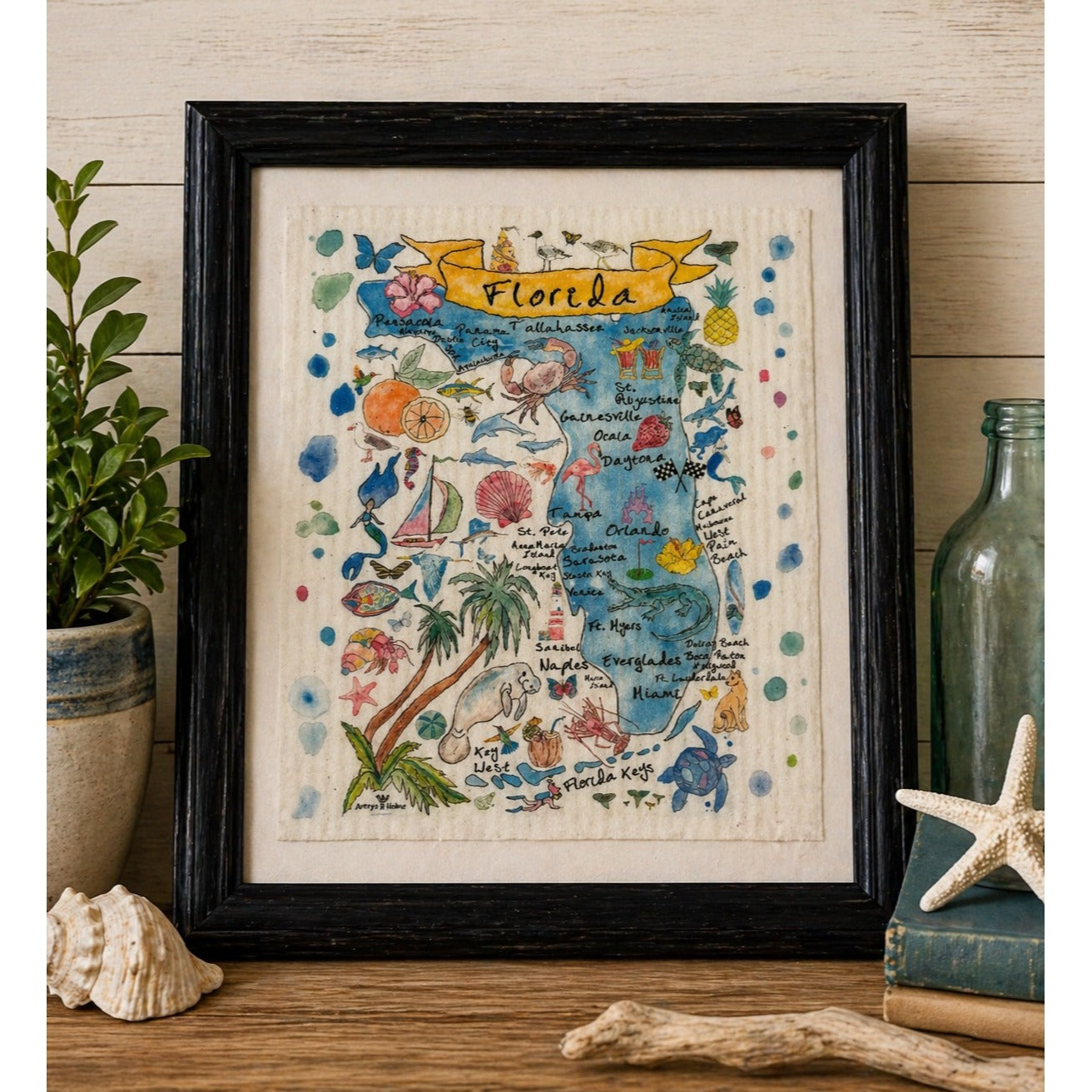 Avery’s Home Florida Map Framed Textile Art Coastal State Print 10x12
