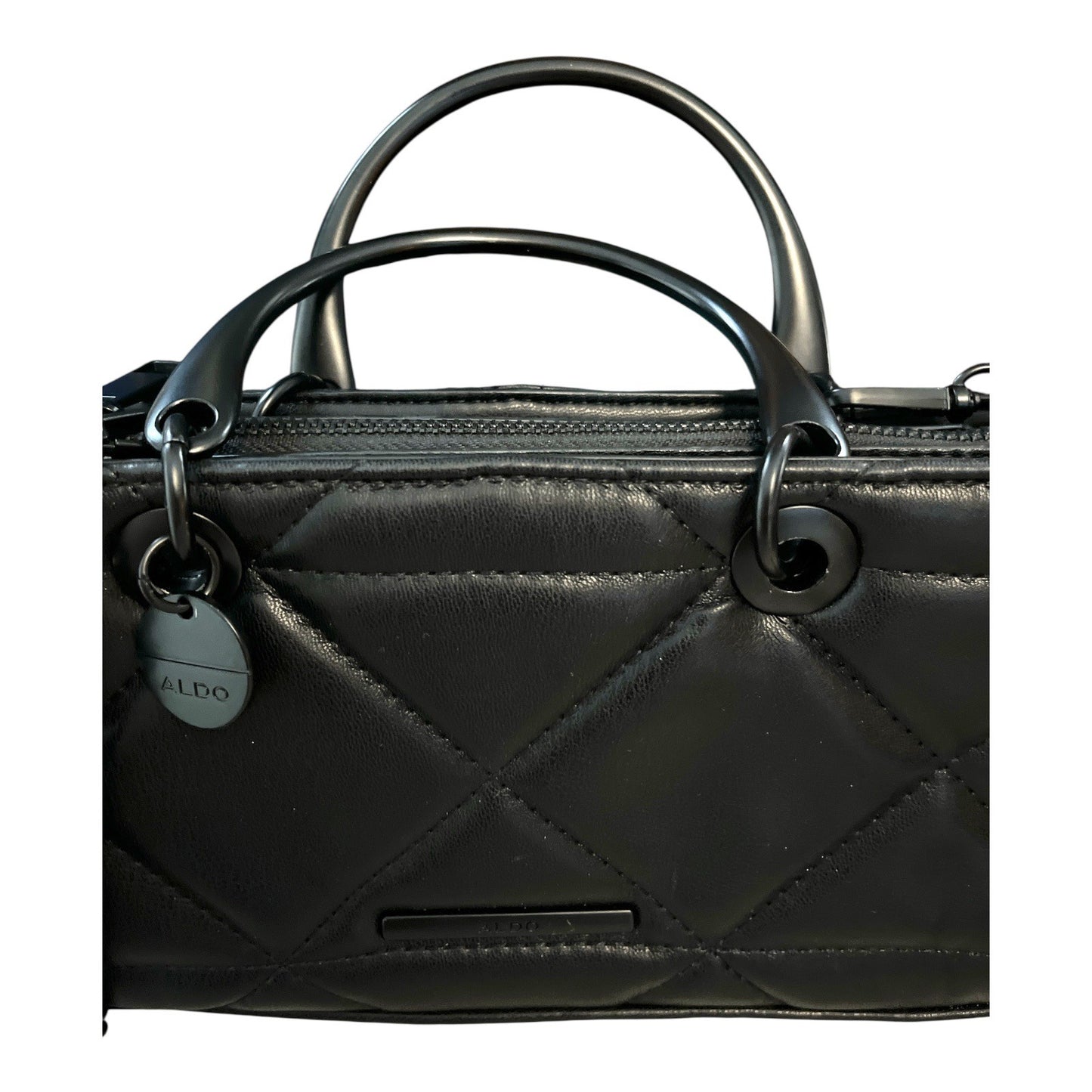 ALDO Quilted Black Faux Leather Mini Satchel – Metal Handles and Chain Strap – 2023