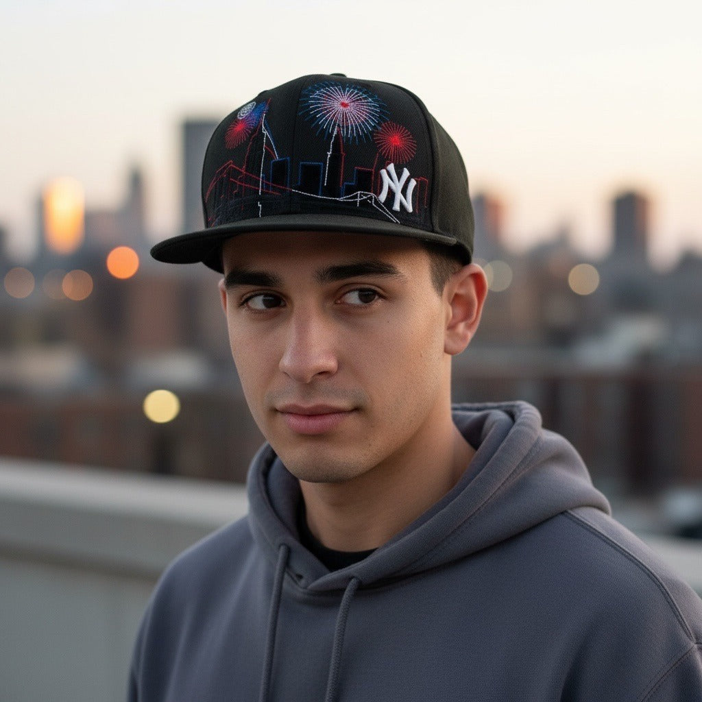 New Era 59FIFTY New York Yankees Wool Fitted Hat 7 1/2 Fireworks NYC Skyline Embroidered Black