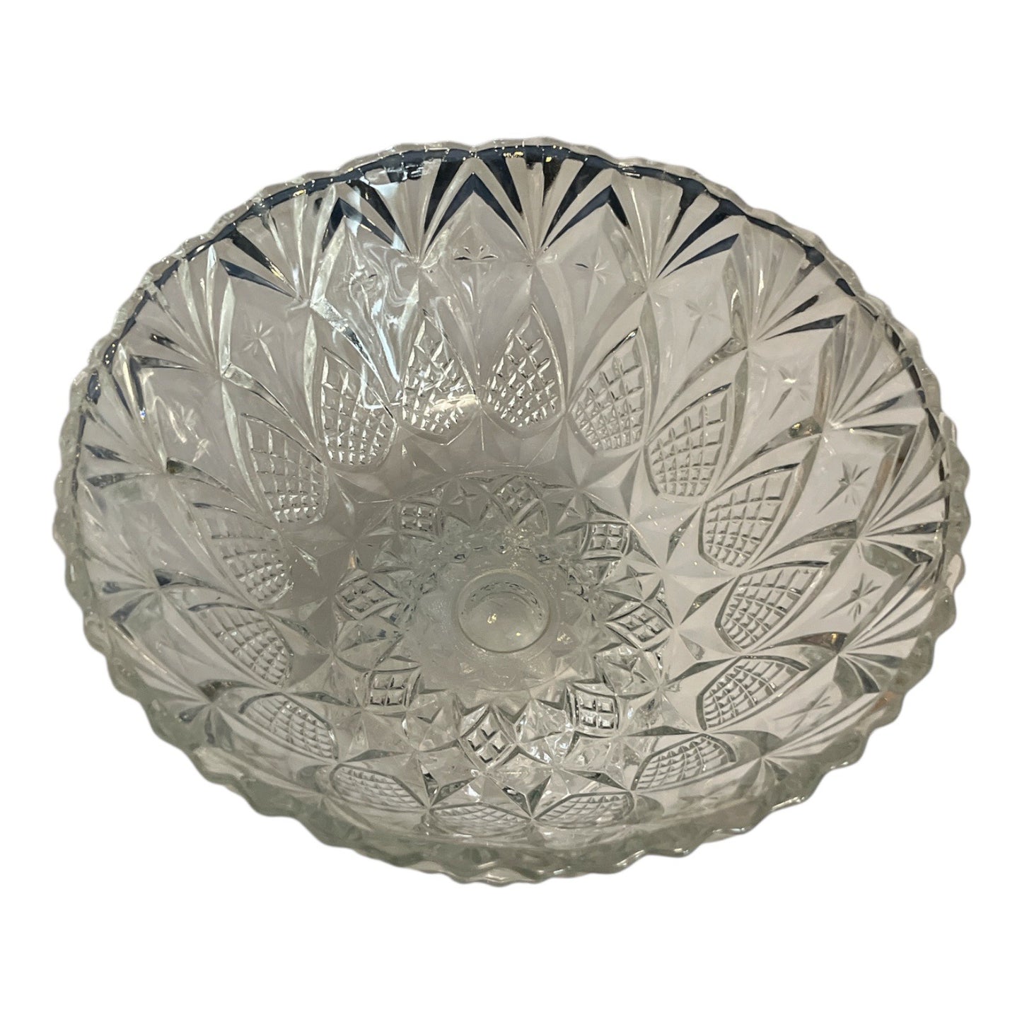 Vintage Pressed Glass Pedestal Compote Bowl – Made in France – Pineapple Diamond Cut – 8 x 6 x 4.5"