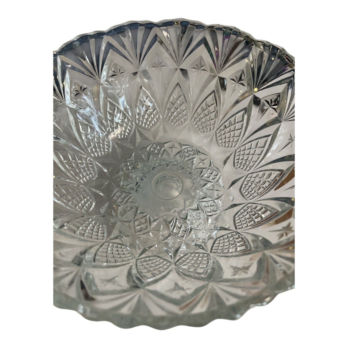 Vintage Pressed Glass Pedestal Compote Bowl – Made in France – Pineapple Diamond Cut – 8 x 6 x 4.5"