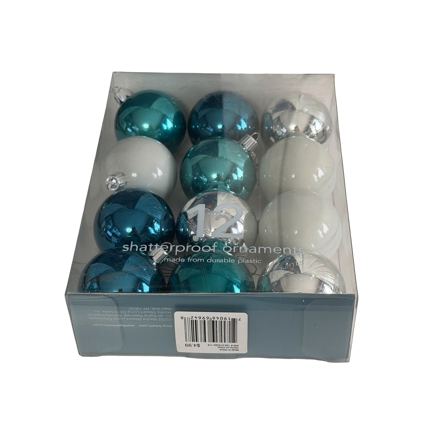Martha Stewart Everyday First Snowfall 12 Shatterproof Christmas Ornaments Blue Silver White 48mm NIB