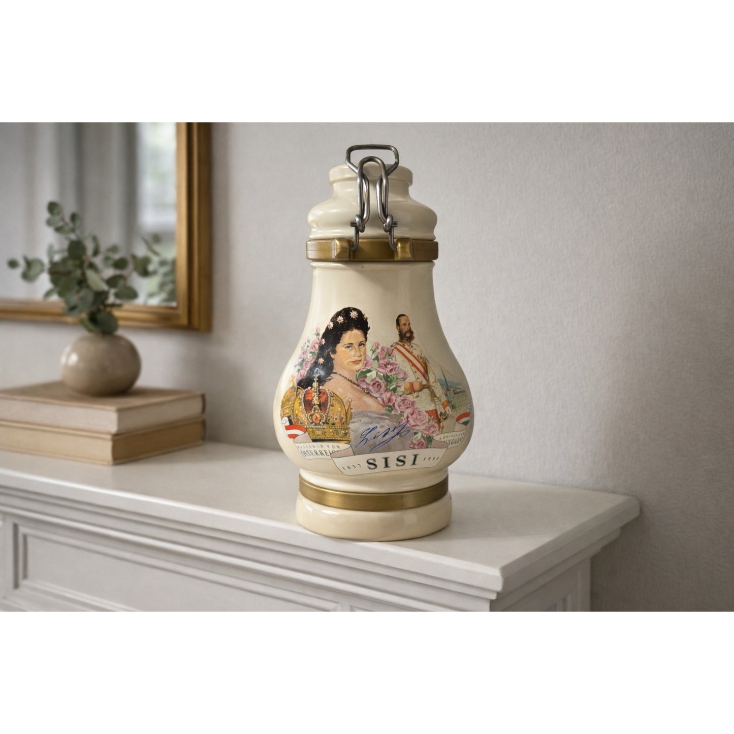 Vintage Sisi Empress Elisabeth Austria Ceramic Swing-Top Bottle Stein 9” Lid Broken