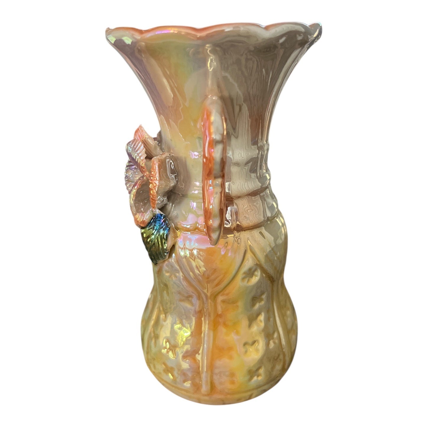 Vintage Iridescent Ceramic Flower Vase – Raised Floral Detail – 6" x 3"
