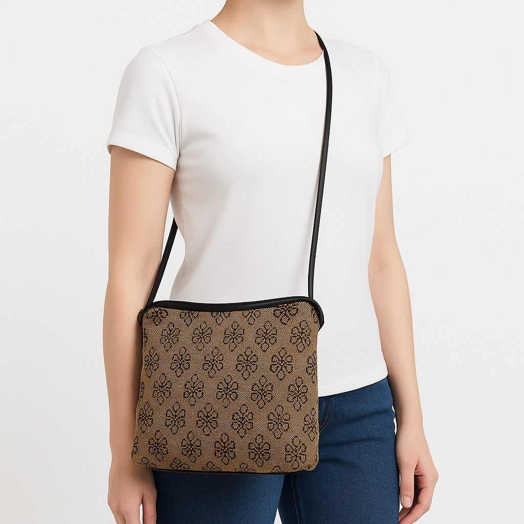 Stone Mountain Tan & Black Floral Tapestry Shoulder Bag with Faux Leather Base & Asian Script Lining