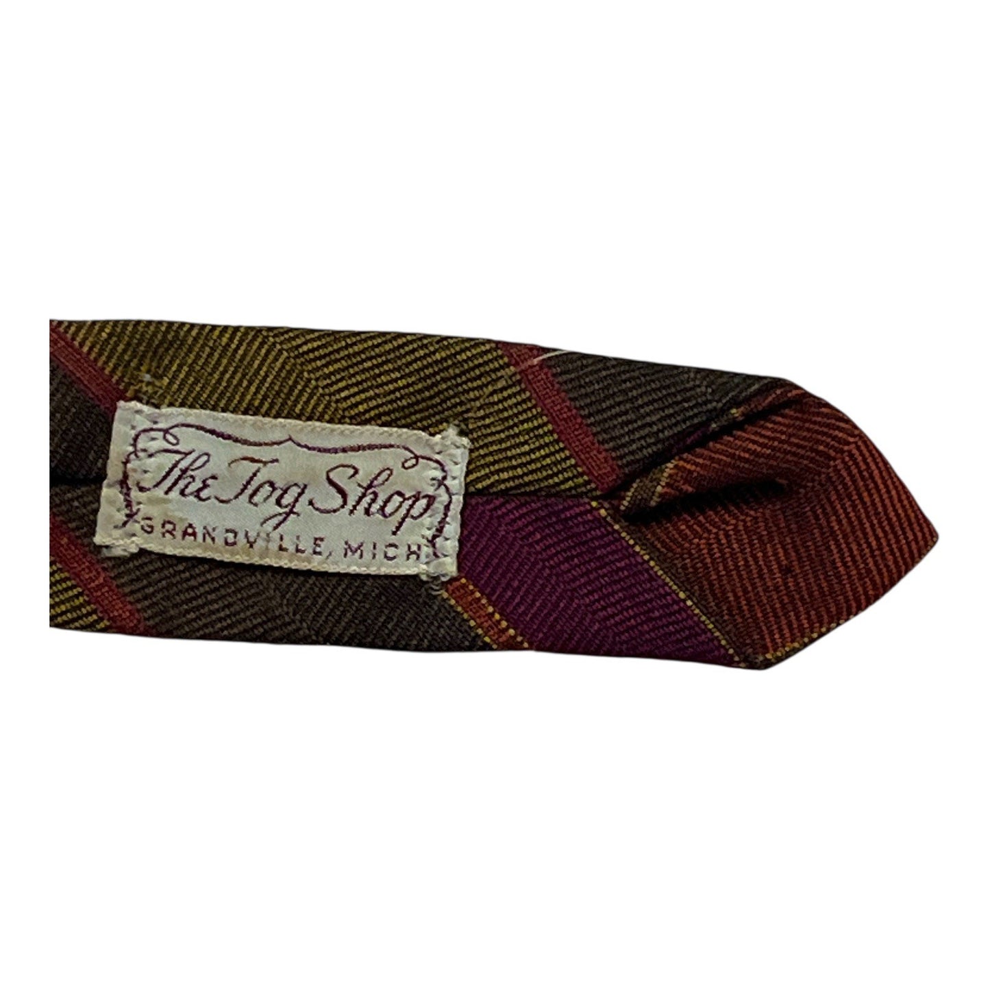 1960s–70s Vintage Striped Wool Blend Tie by B.J. Ernst – The Tog Shop Grandville MI – 52 Inch – Red Gold Olive Brown