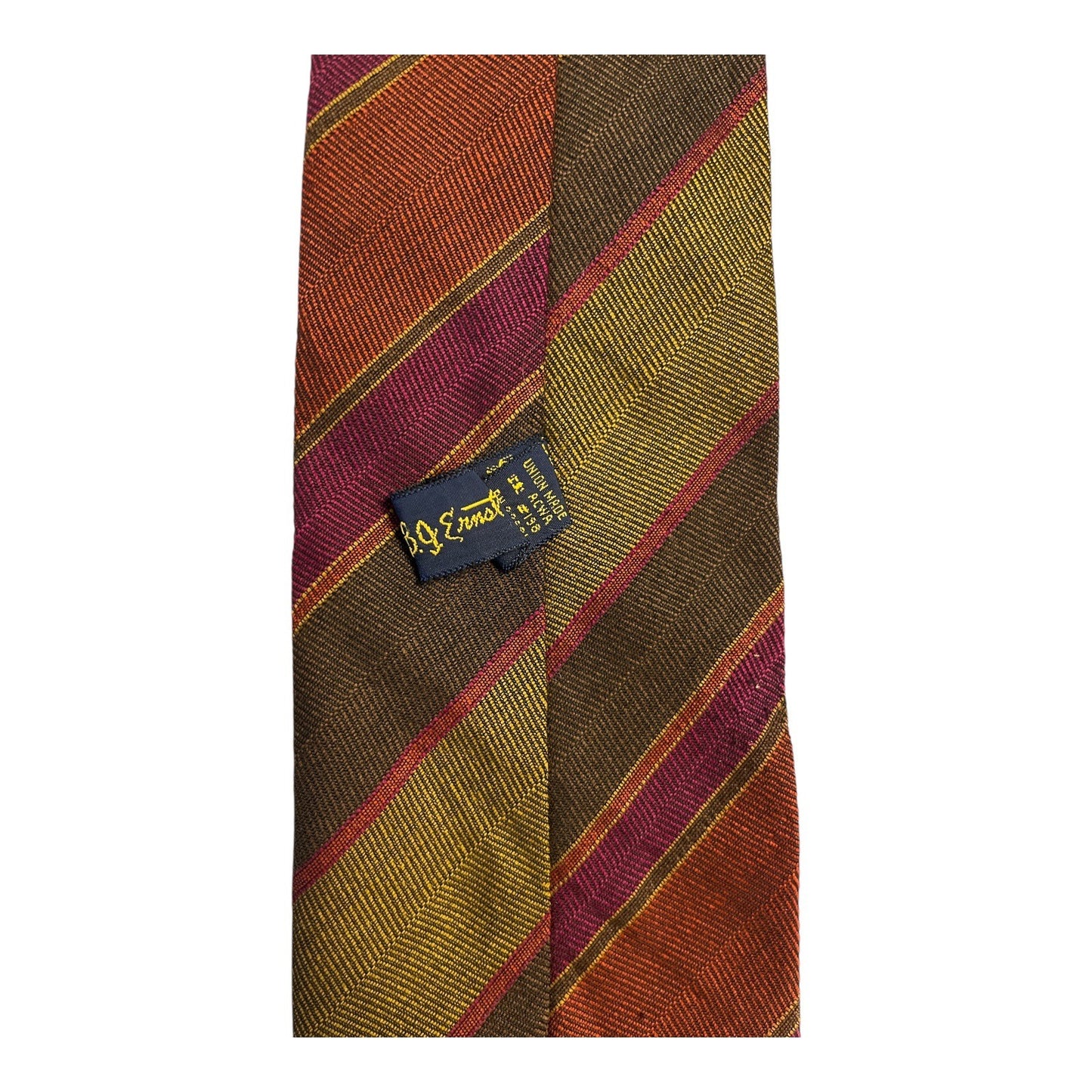 1960s–70s Vintage Striped Wool Blend Tie by B.J. Ernst – The Tog Shop Grandville MI – 52 Inch – Red Gold Olive Brown