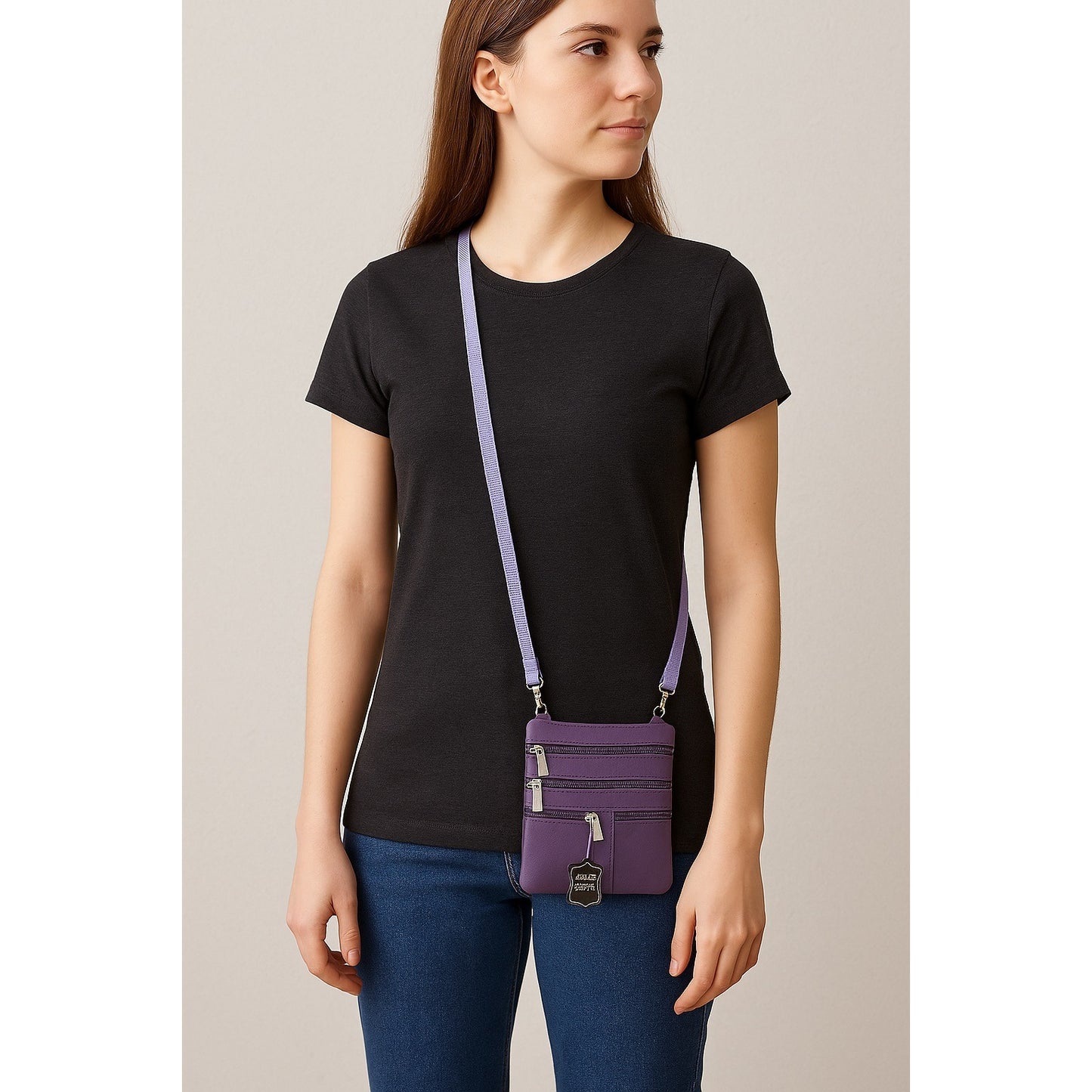 Lavender Genuine Leather Crossbody Bag with Front and Back Zippers