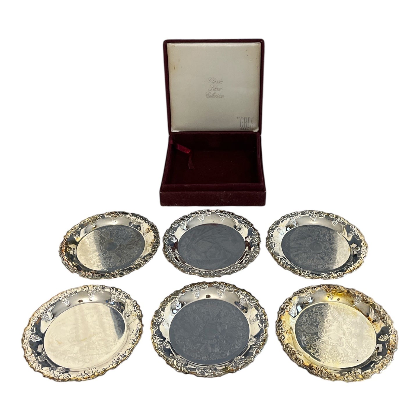 Set of 6 CREA Milano Classic Silverplate Collection Coasters with Storage Box – 4” – 1990s to Early 2000s