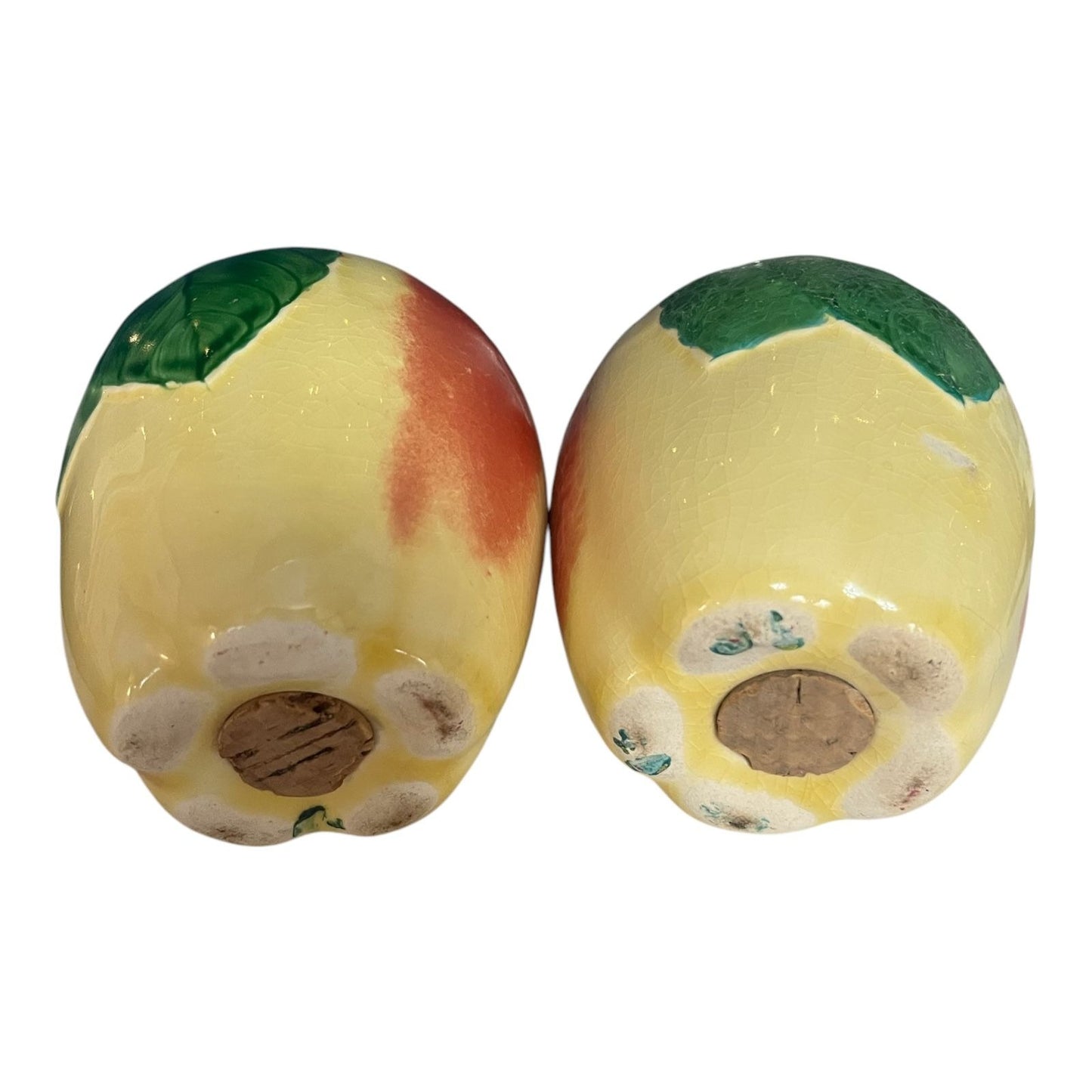 Vintage Hull Pottery Apple Salt and Pepper Shakers – Hand-Painted Red and Yellow Fruit Design with Green Leaves – 1950s