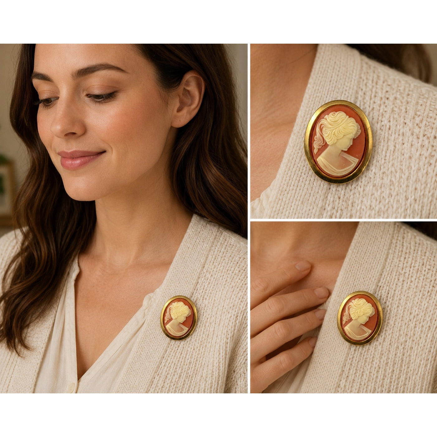 Vintage Cameo Lady Brooch Pin Oval Gold Tone Orange White Classical Portrait