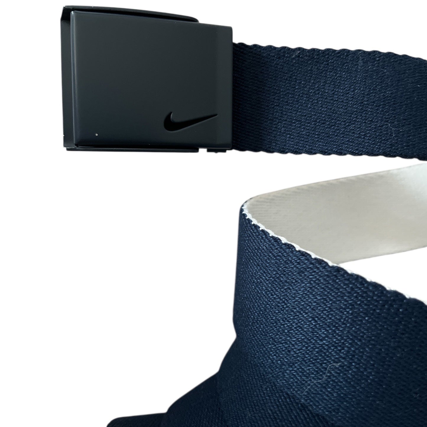 Nike OSFM Canvas Web Belt – Navy Blue & White – 47" Clamp Buckle – Athletic Golf Casual