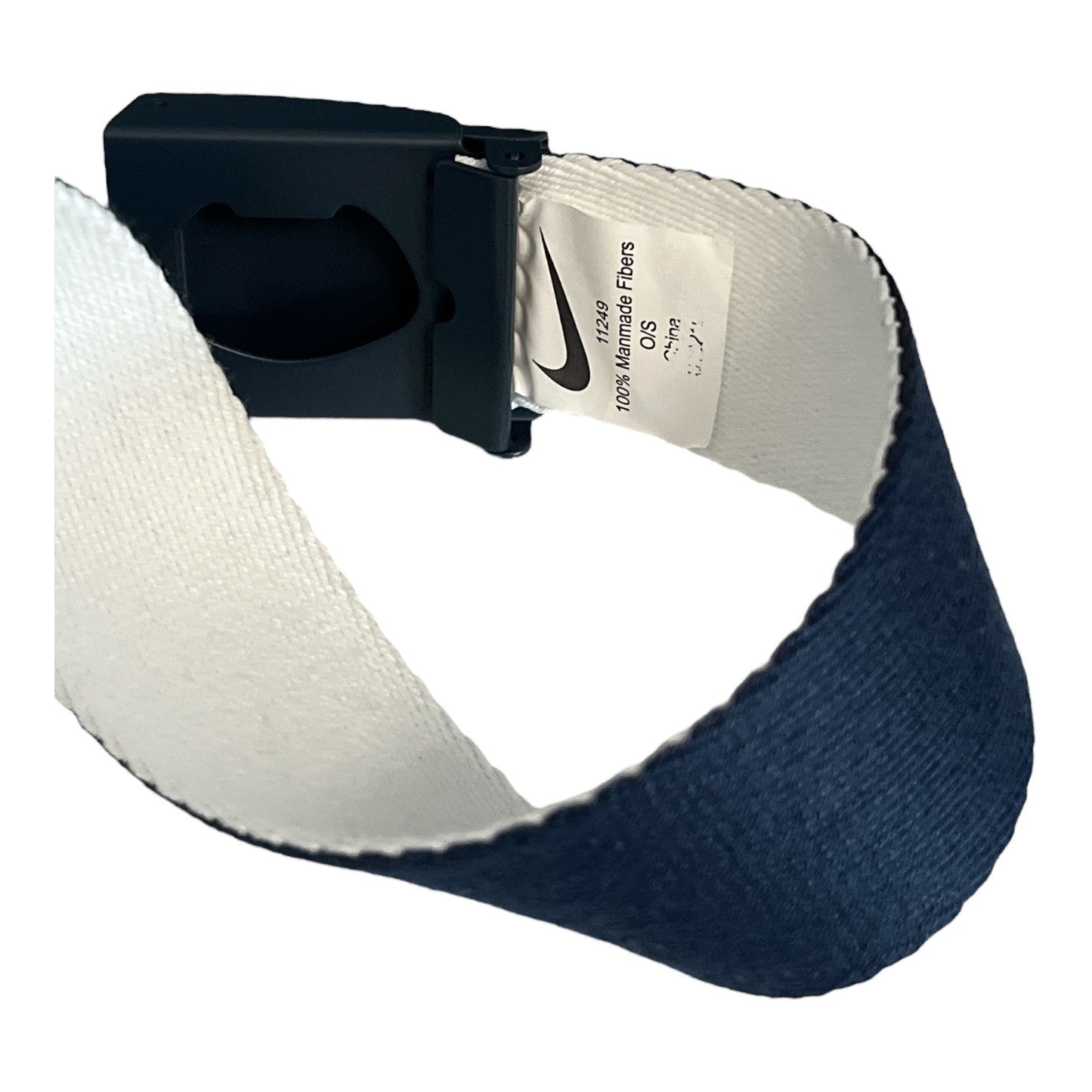 Nike OSFM Canvas Web Belt – Navy Blue & White – 47" Clamp Buckle – Athletic Golf Casual