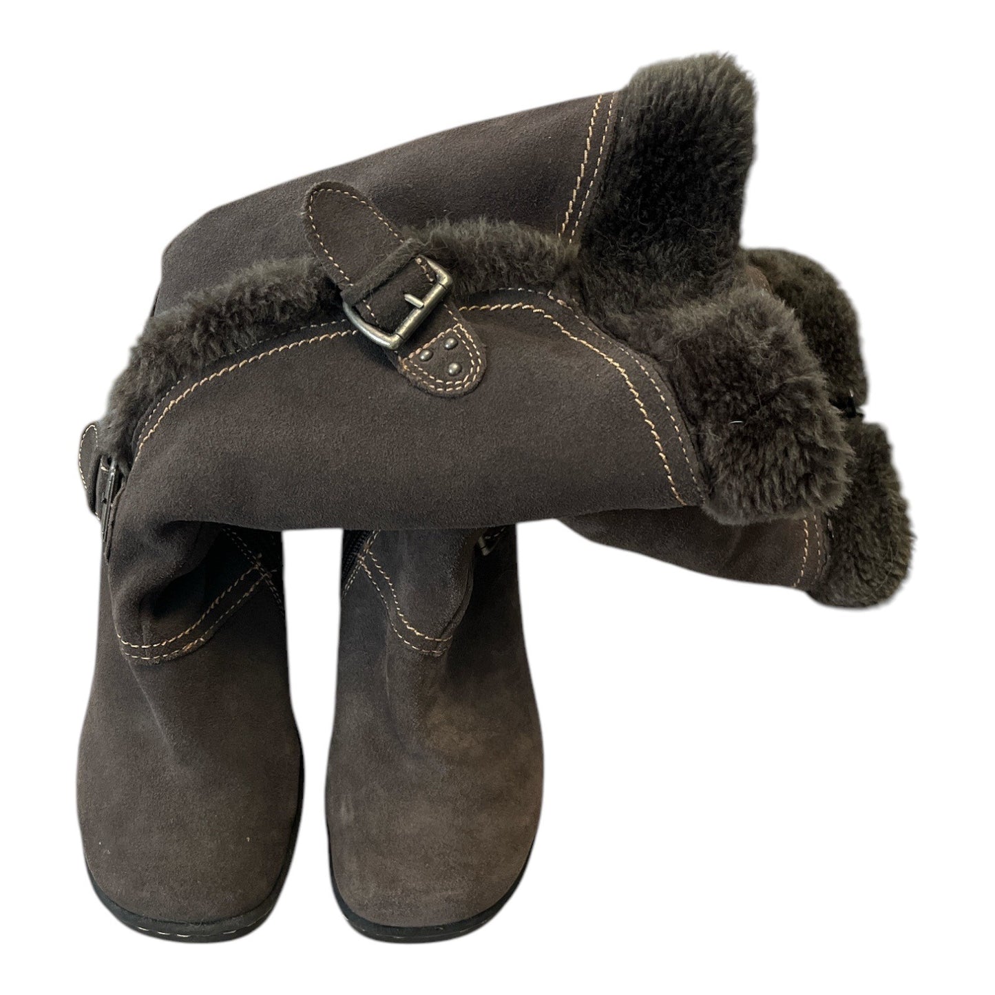 Beartrap Cathy Suede Fur-Lined Mid-Calf Boots Size 7.5 With Buckle Accents & Non-Slip Soles Brown