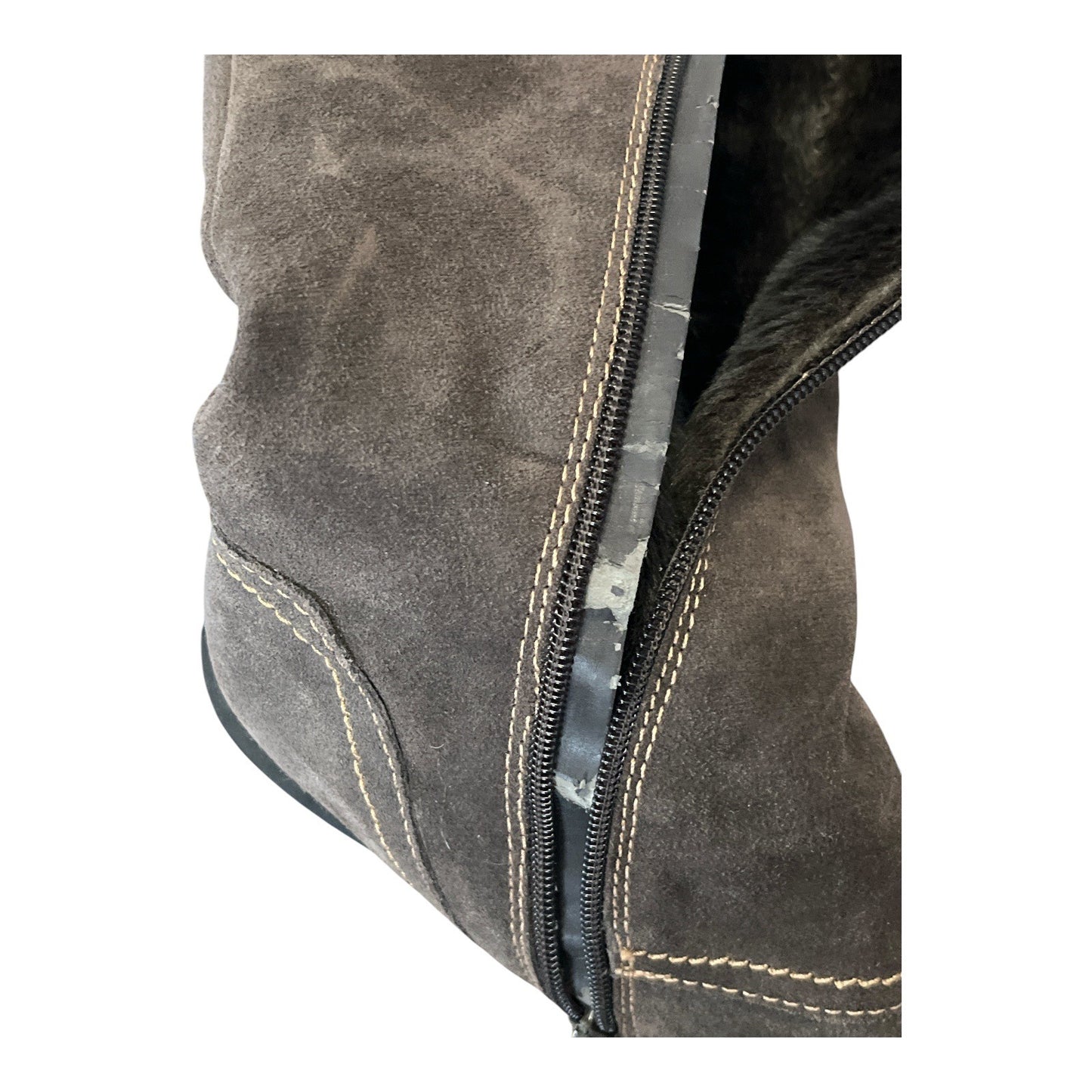 Beartrap Cathy Suede Fur-Lined Mid-Calf Boots Size 7.5 With Buckle Accents & Non-Slip Soles Brown