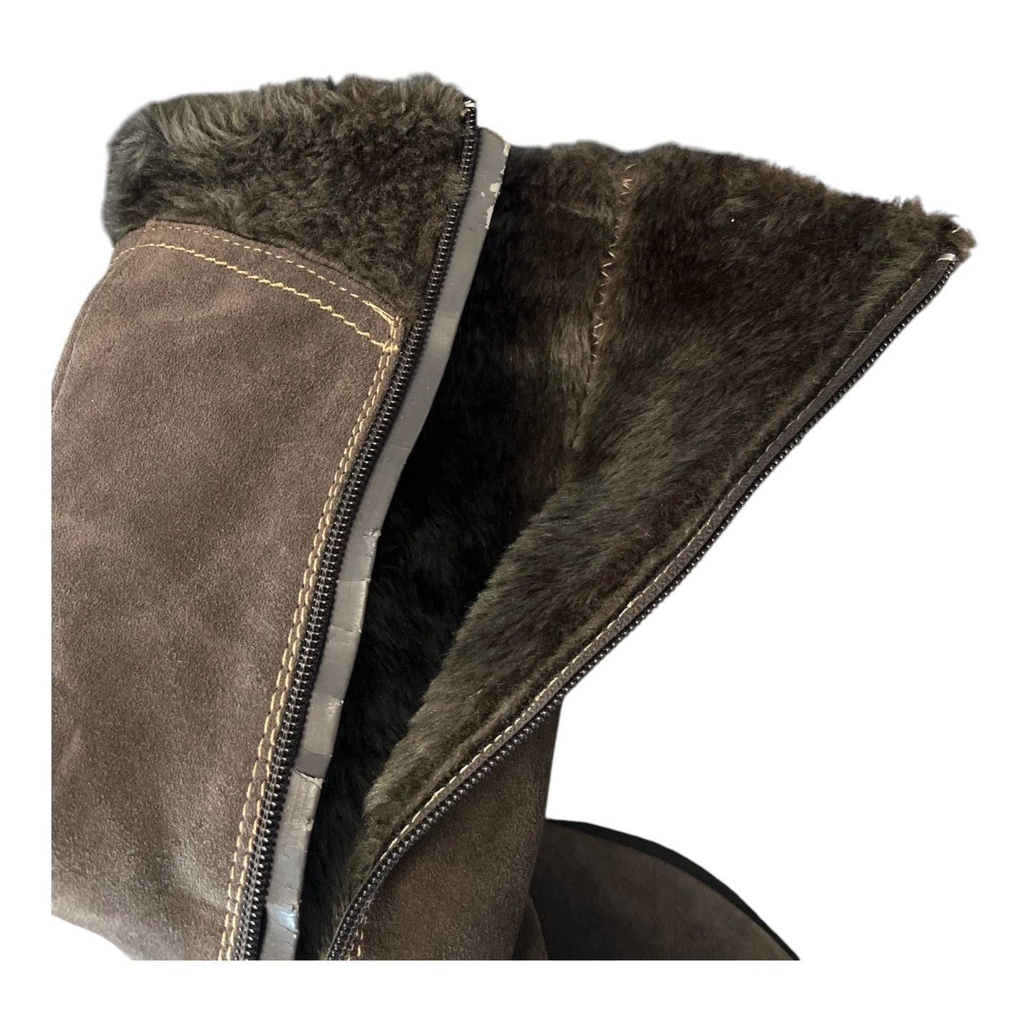 Beartrap Cathy Suede Fur-Lined Mid-Calf Boots Size 7.5 With Buckle Accents & Non-Slip Soles Brown